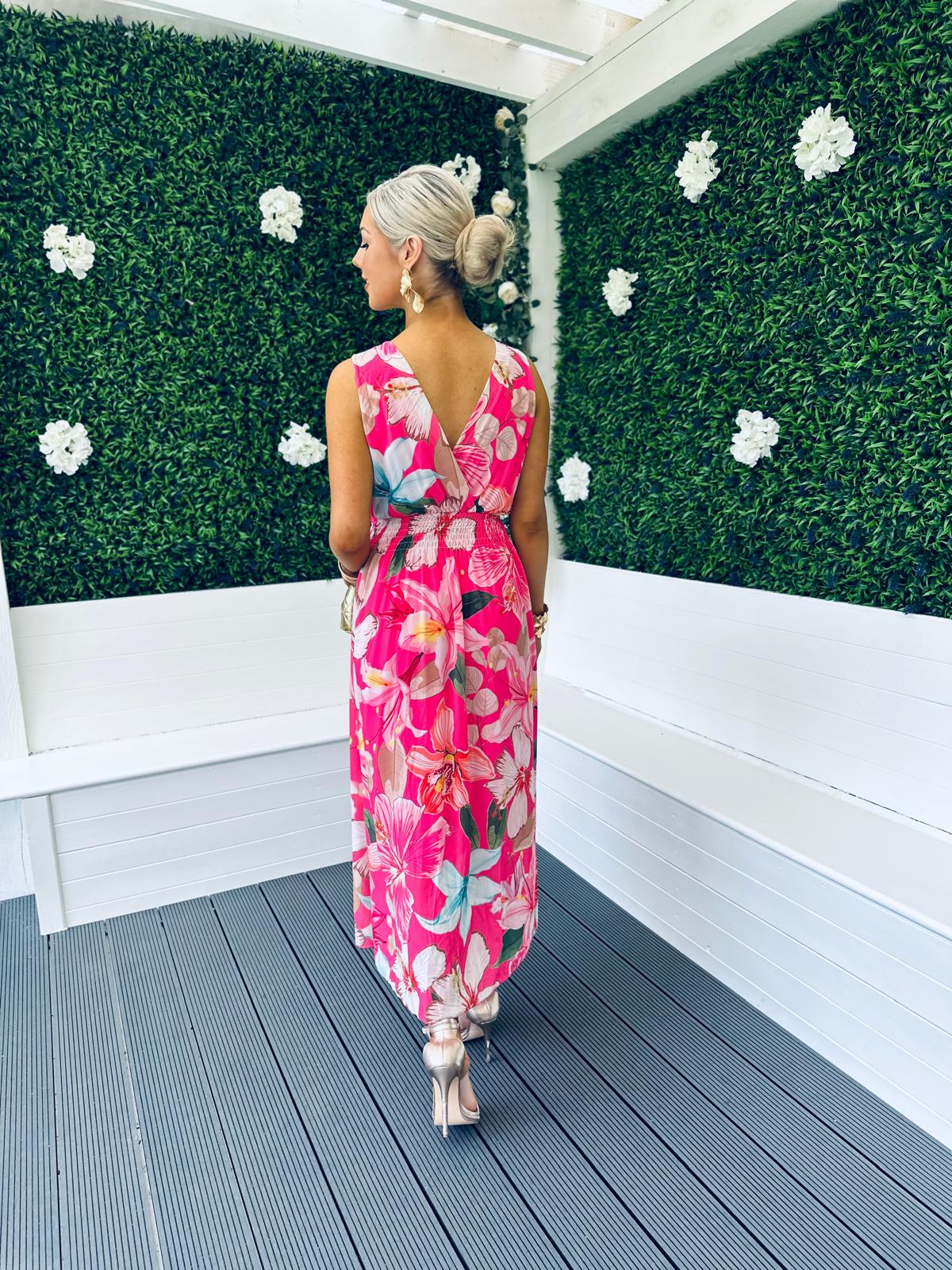 Tammy Banded Midi Dress Floral Fuchsia