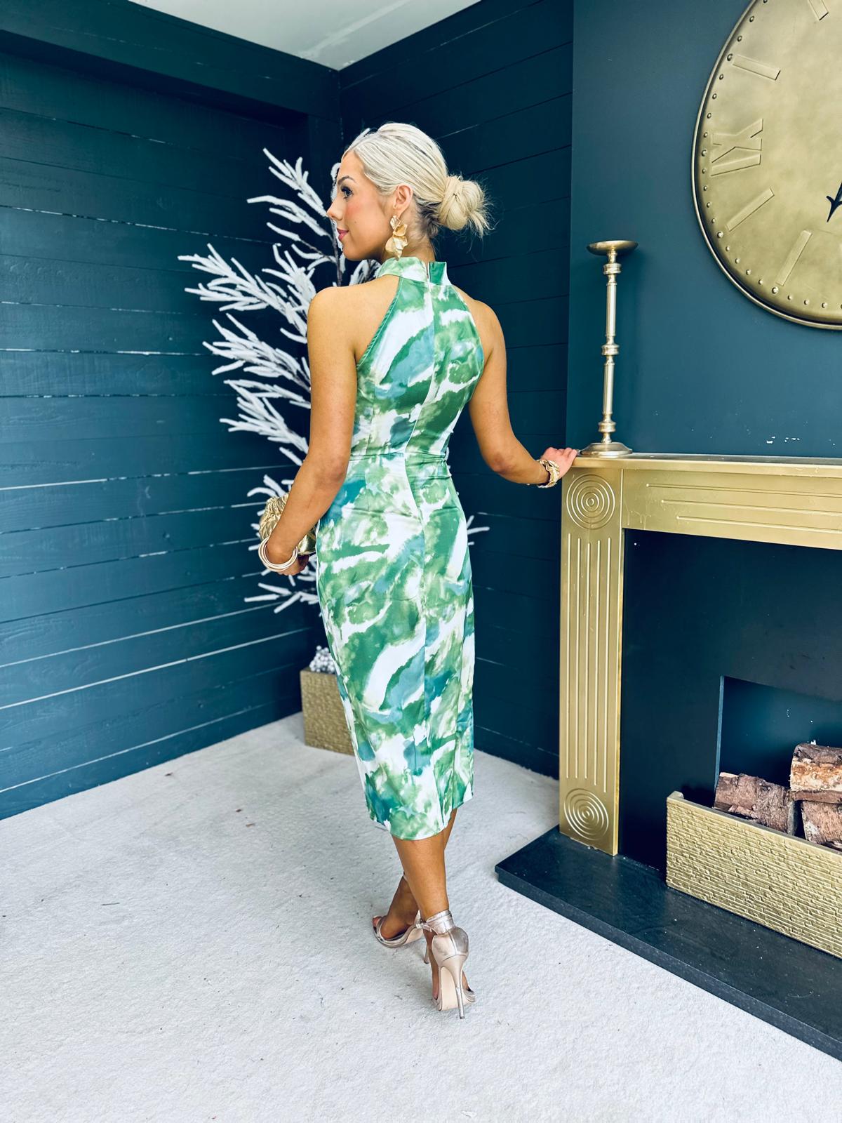 Alessia Halter Neck Midi Dress Abstract Green