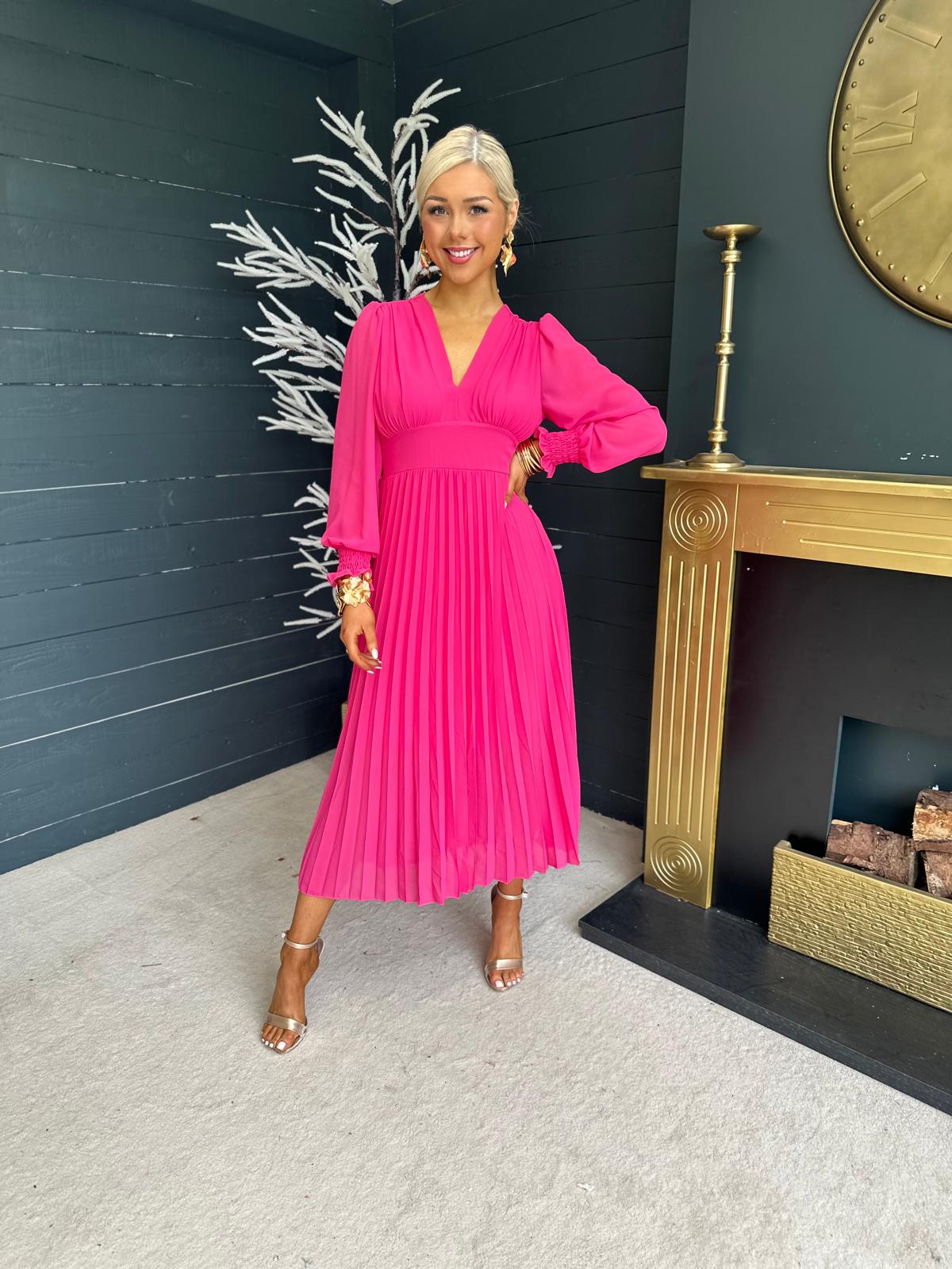Elle Pleated Midi Dress Fuchsia