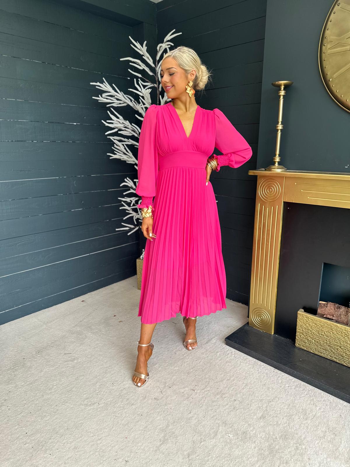 Elle Pleated Midi Dress Fuchsia