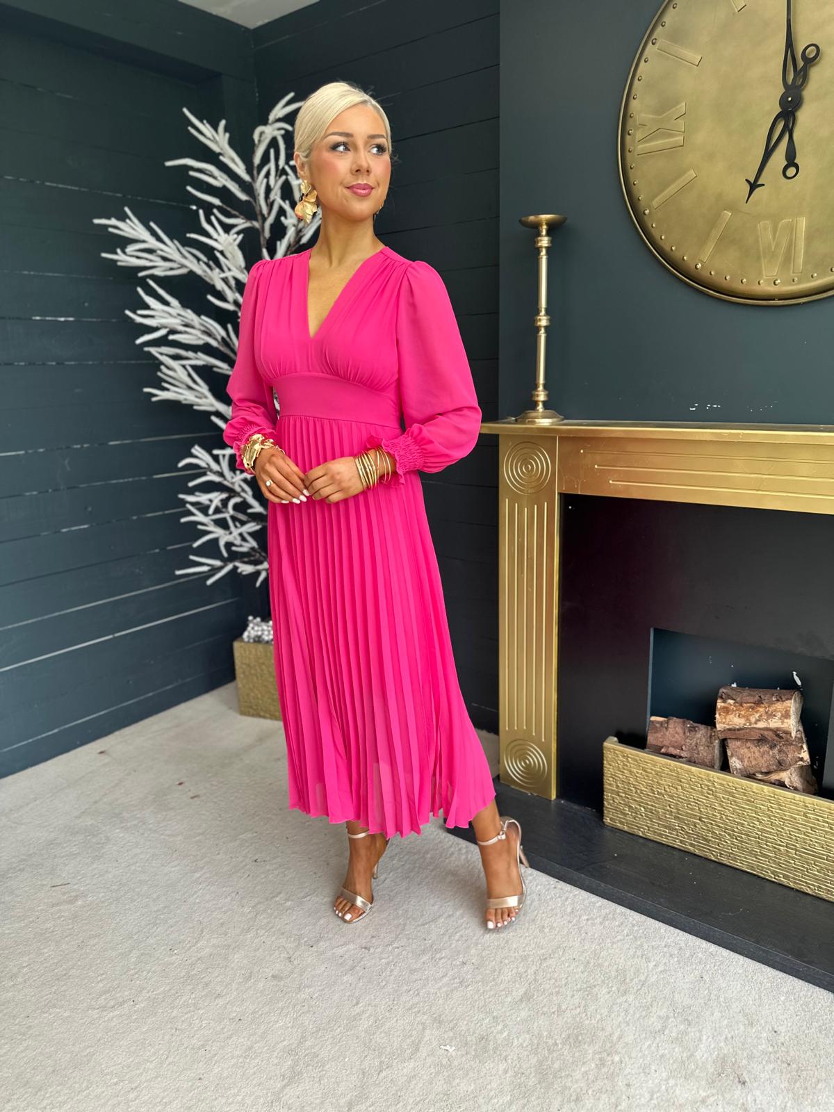 Elle Pleated Midi Dress Fuchsia