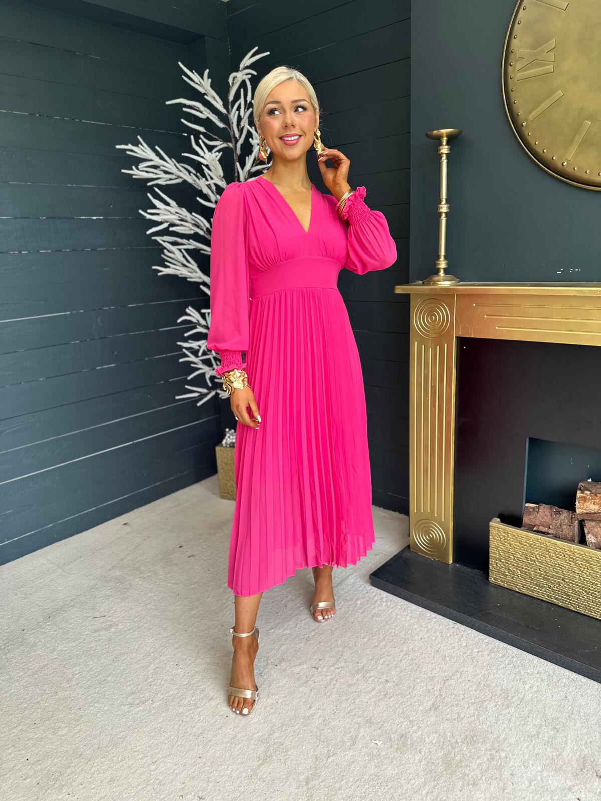 Elle Pleated Midi Dress Fuchsia