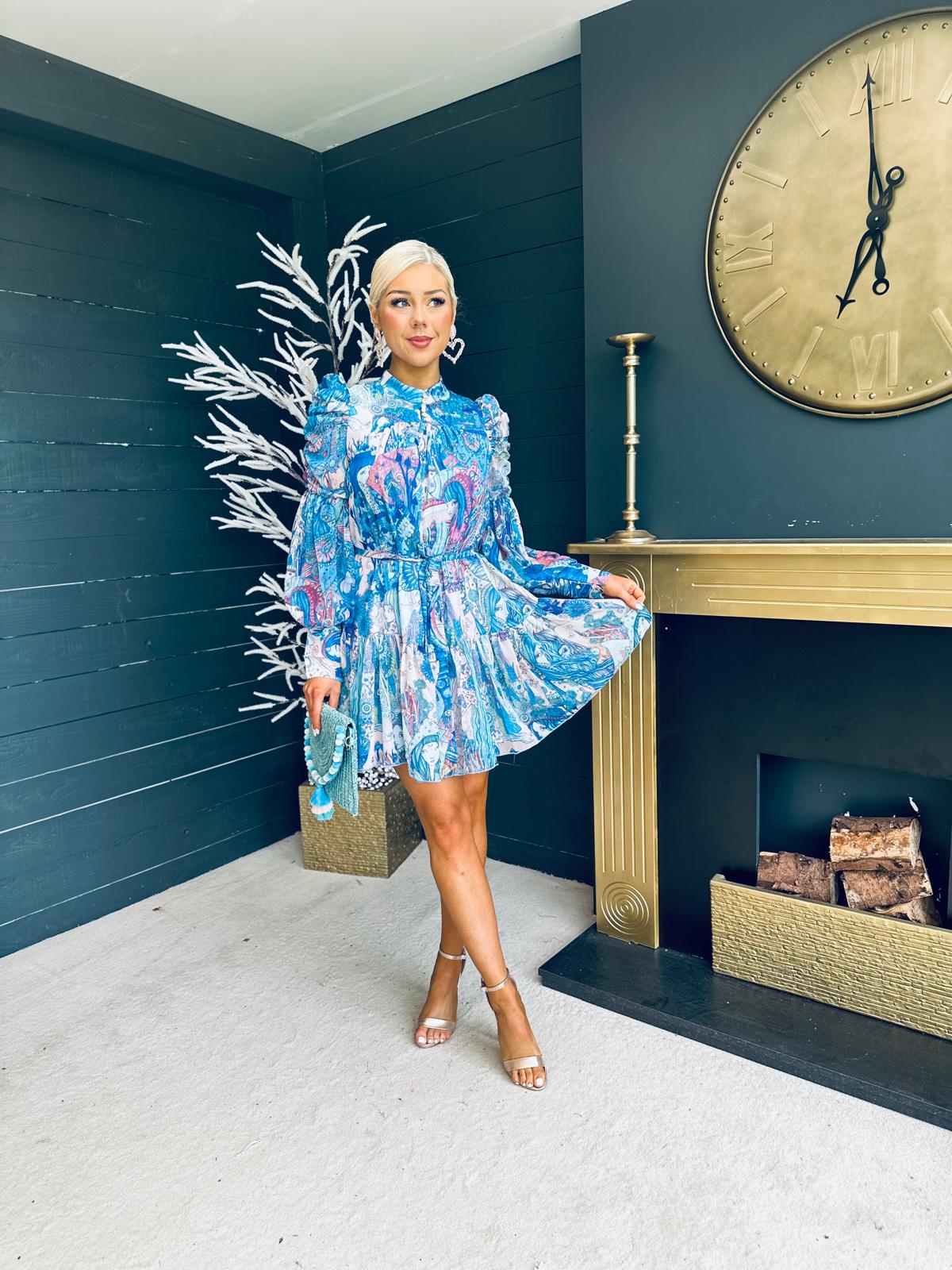 Zenith Detailed Mini Dress Paisley Blue