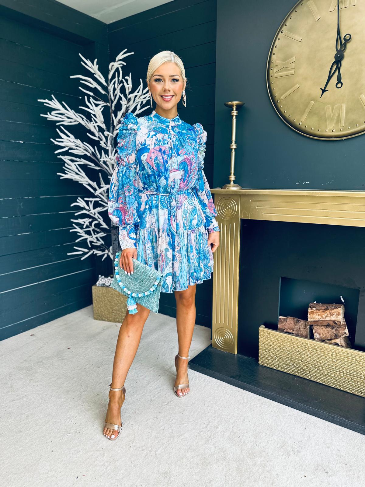 Zenith Detailed Mini Dress Paisley Blue