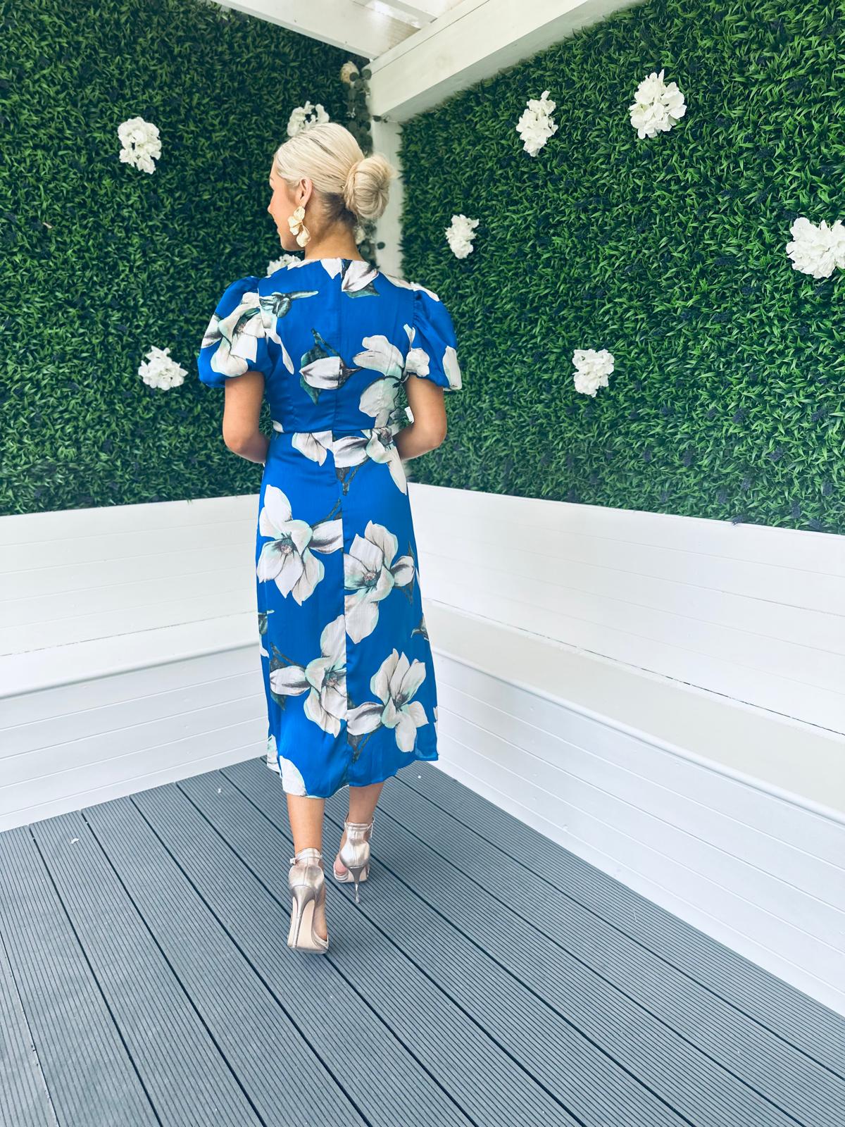 Dahlia Puff Sleeve Midi Dress Floral Blue