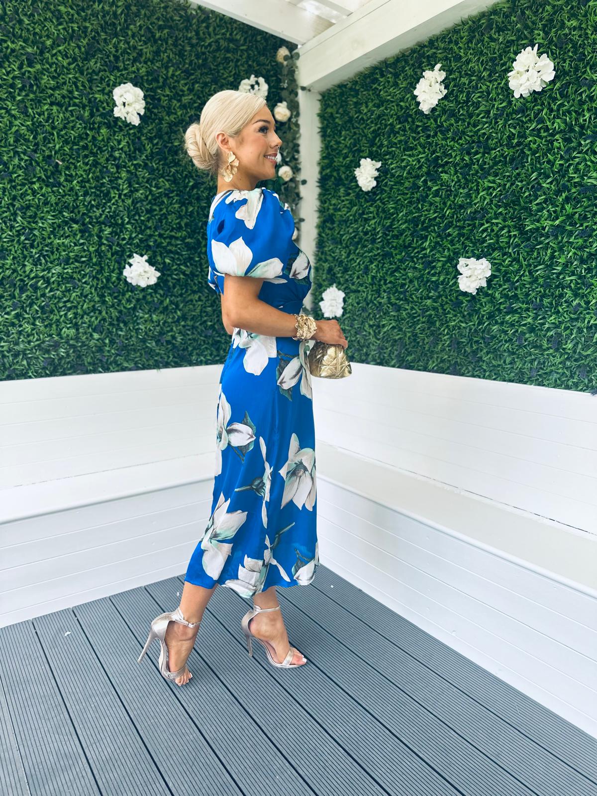 Dahlia Puff Sleeve Midi Dress Floral Blue