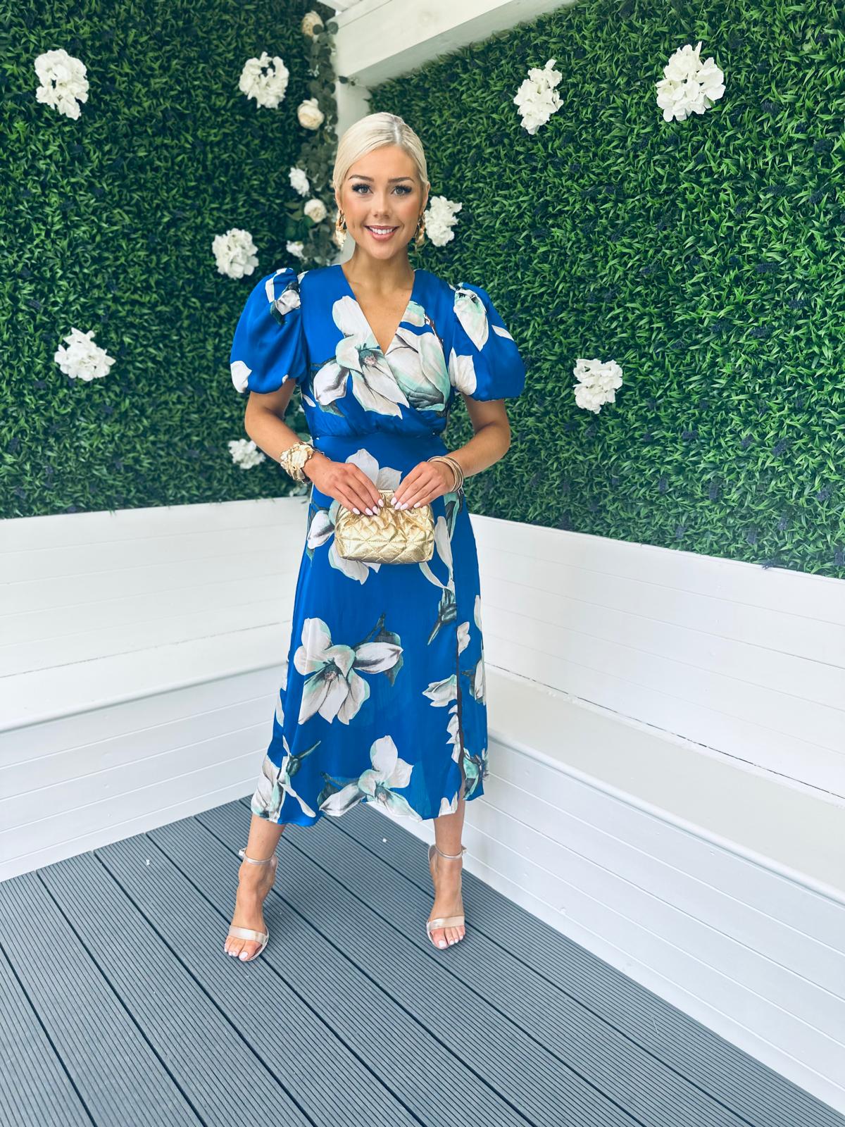 Dahlia Puff Sleeve Midi Dress Floral Blue