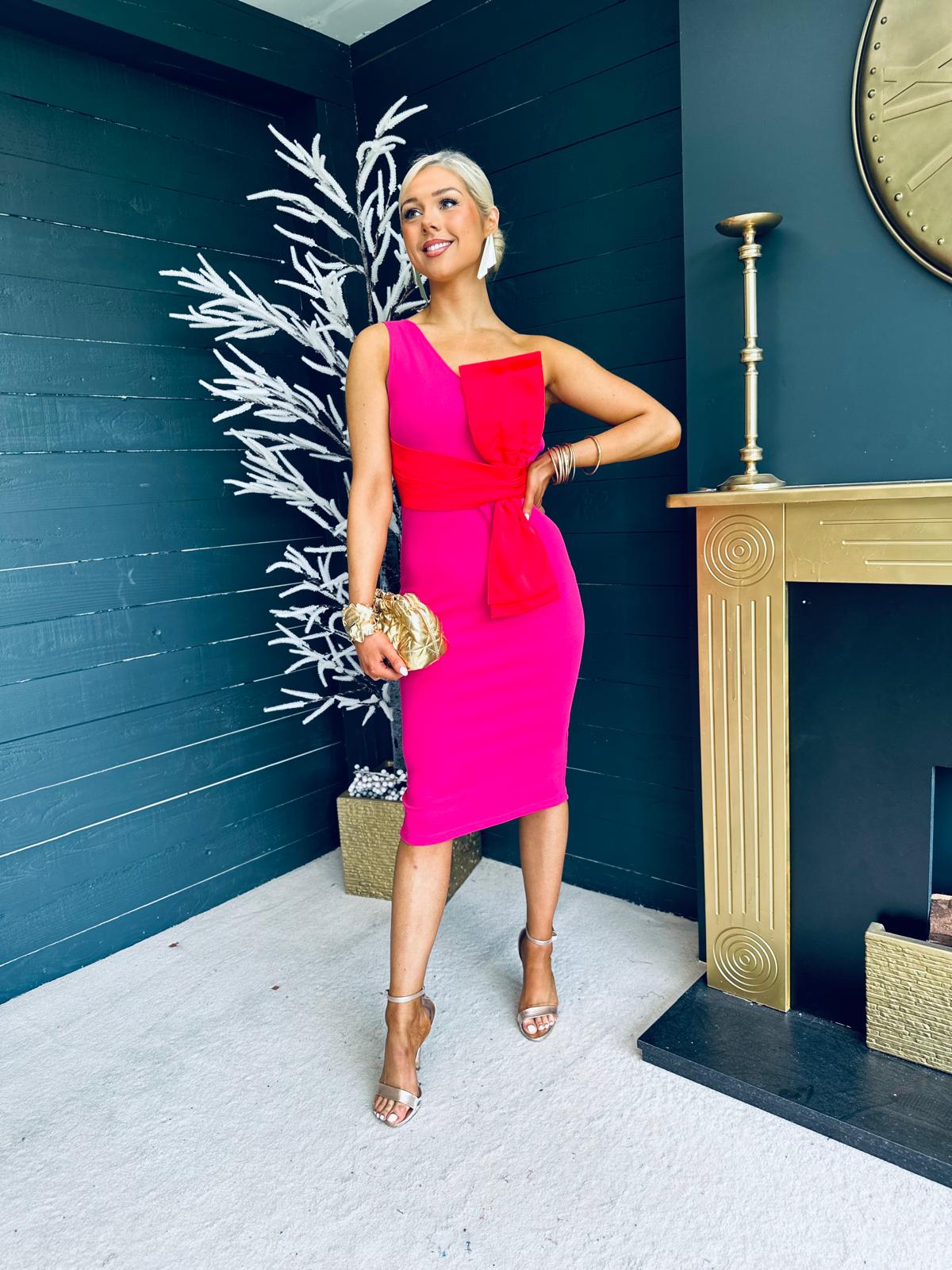 Emani Pink Dress With Red Bow