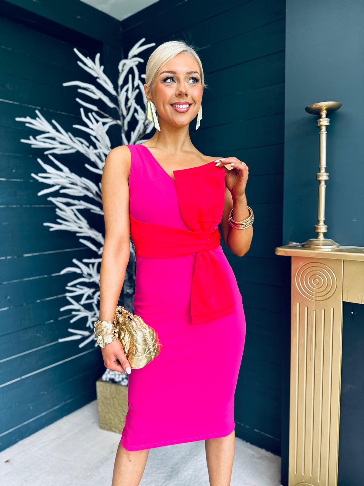 Emani Pink Dress With Red Bow