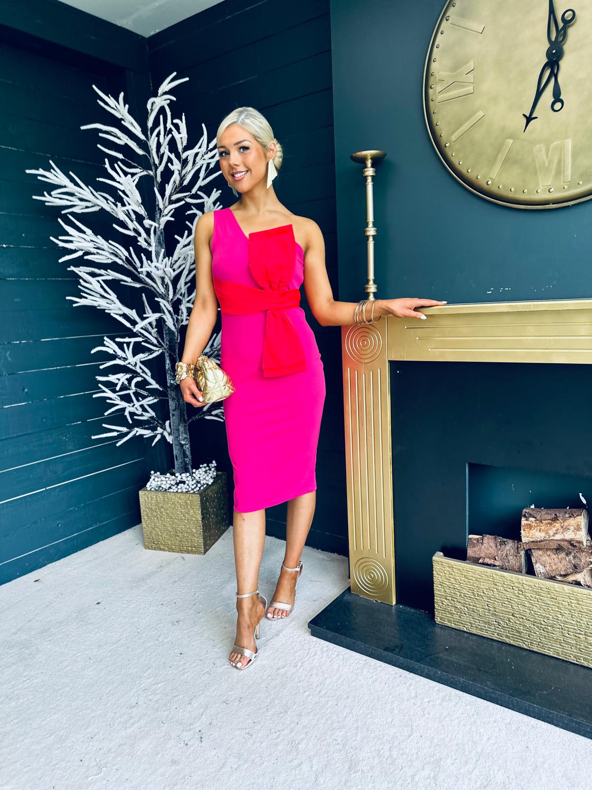 Emani Pink Dress With Red Bow