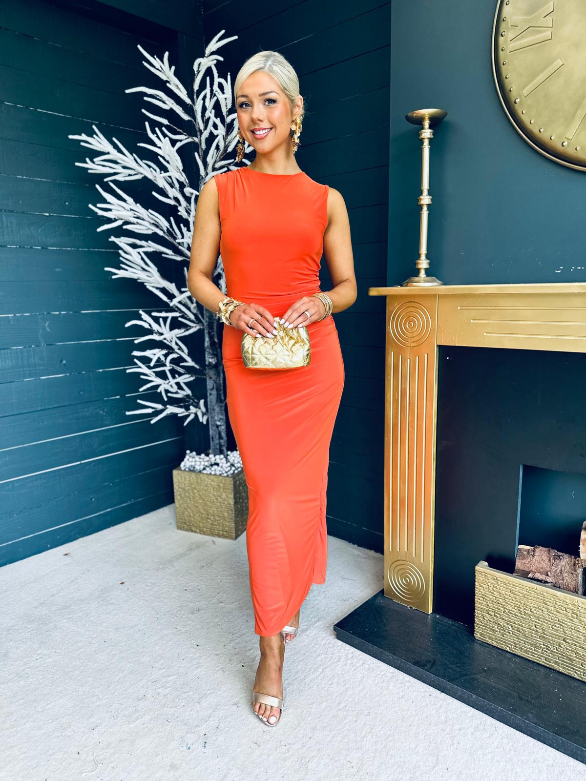 Aya Sleeveless Bodycon Midi Dress in Orange