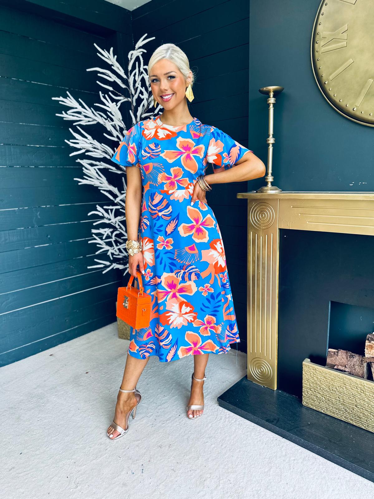 Mariah Angel Sleeve Midi Dress Floral Blue