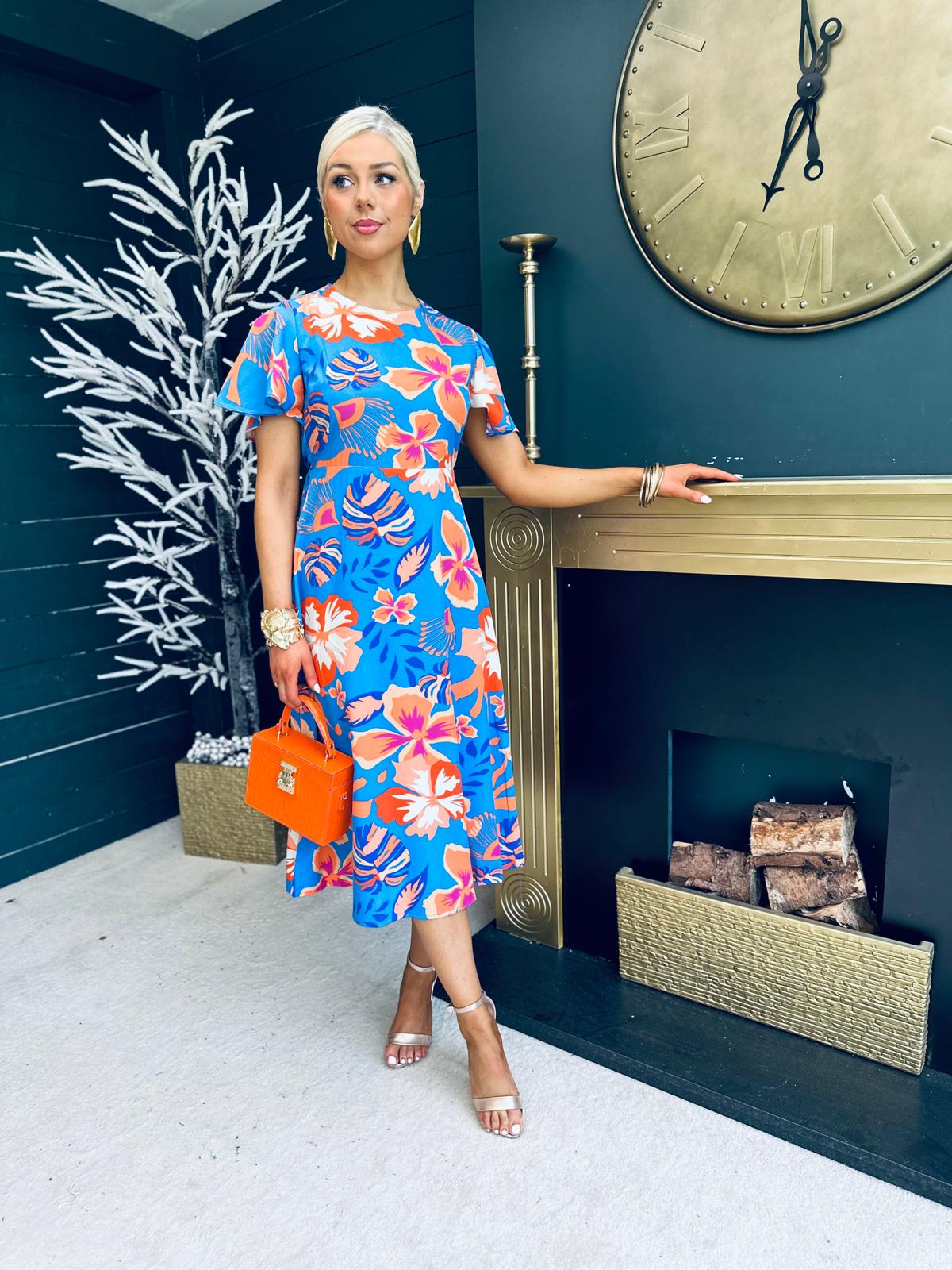 Mariah Angel Sleeve Midi Dress Floral Blue