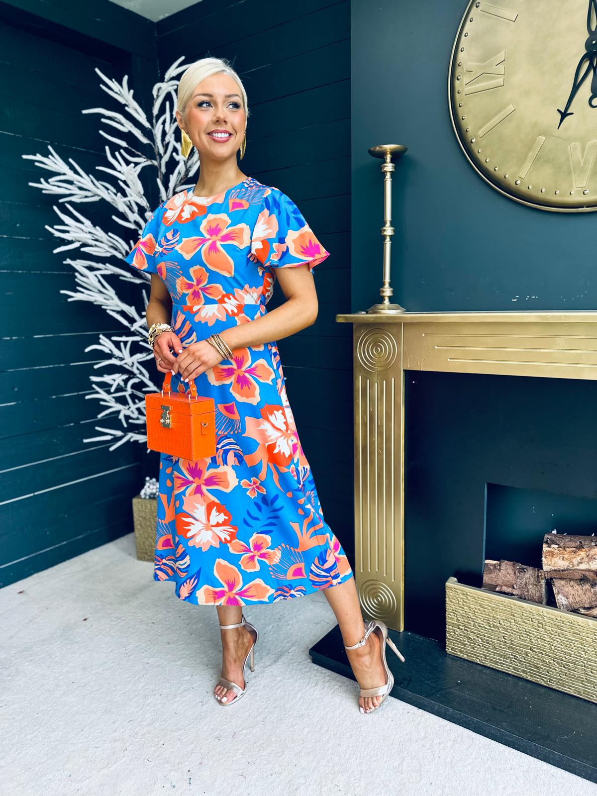 Mariah Angel Sleeve Midi Dress Floral Blue