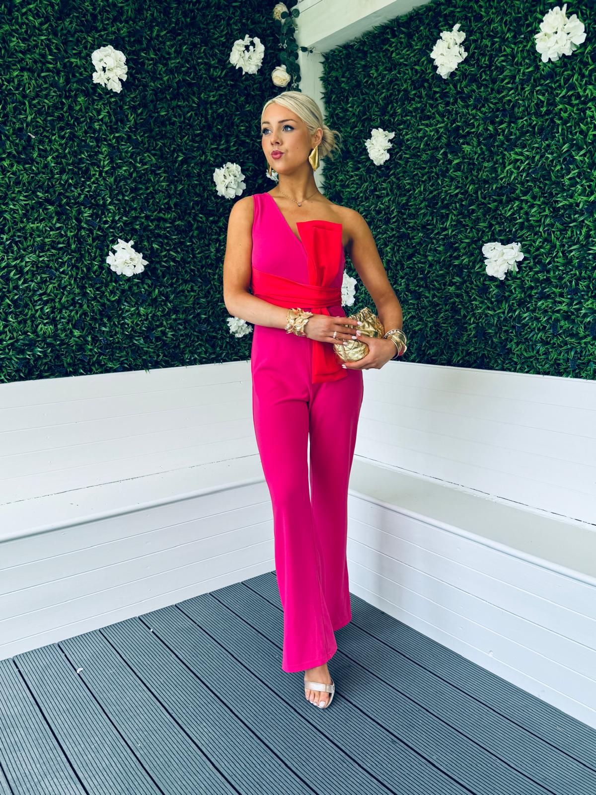 Rosemary Pink Jumpsuit With Red Bow