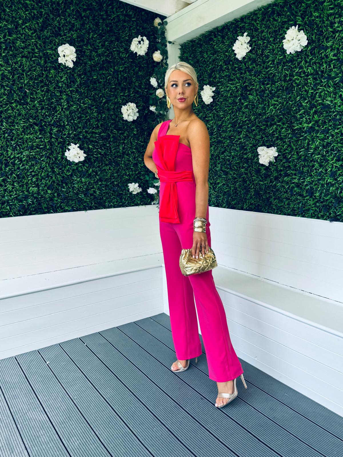 Rosemary Pink Jumpsuit With Red Bow