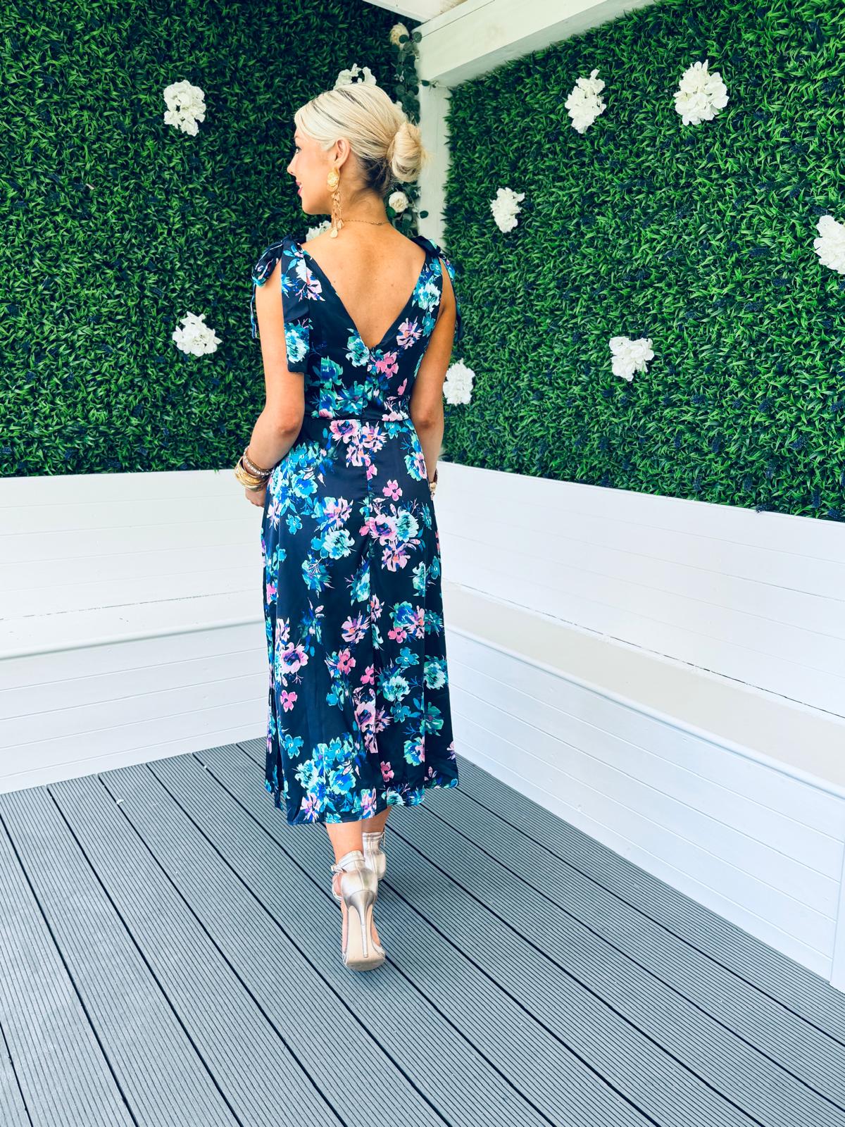 Beverly Tie Shoulder Midi Dress In Navy Floral