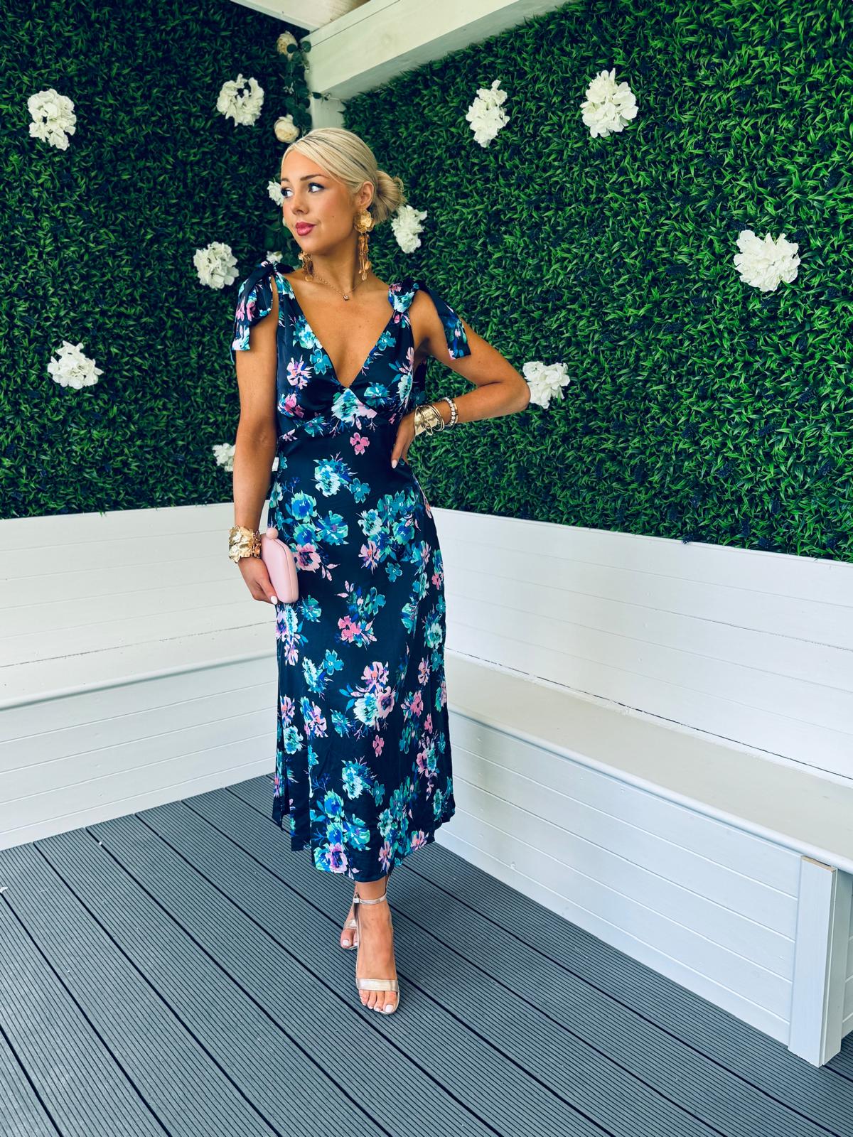 Beverly Tie Shoulder Midi Dress In Navy Floral