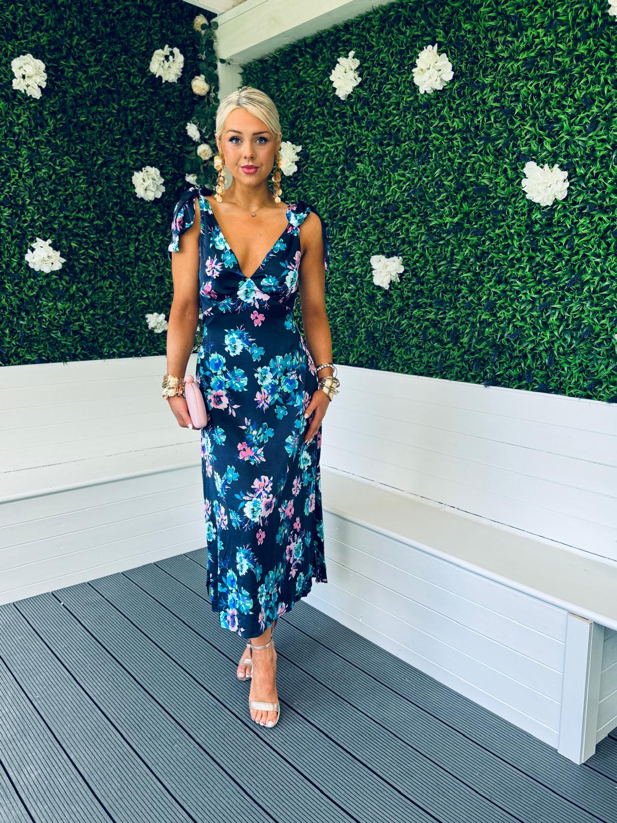 Beverly Tie Shoulder Midi Dress In Navy Floral