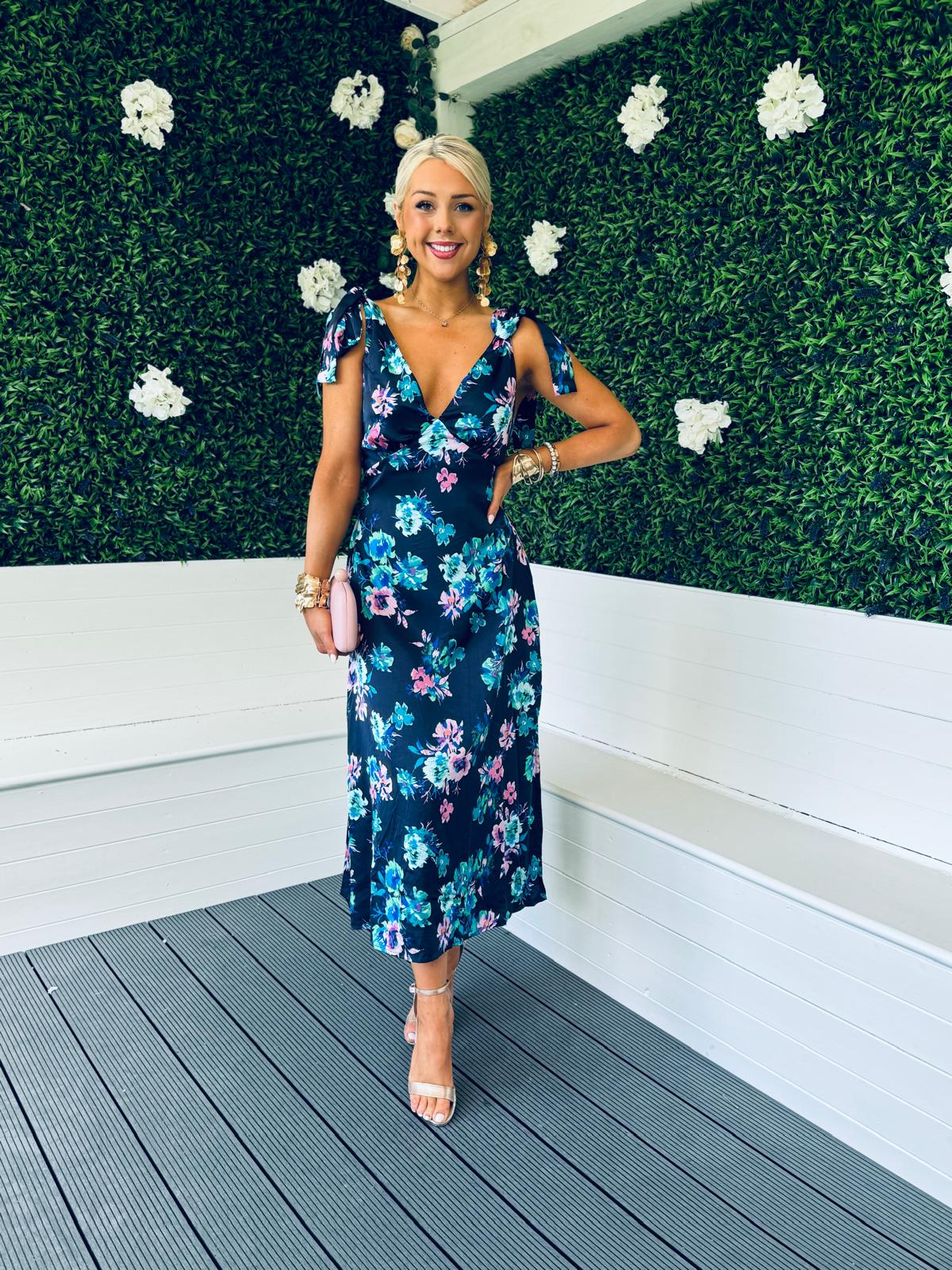 Beverly Tie Shoulder Midi Dress In Navy Floral