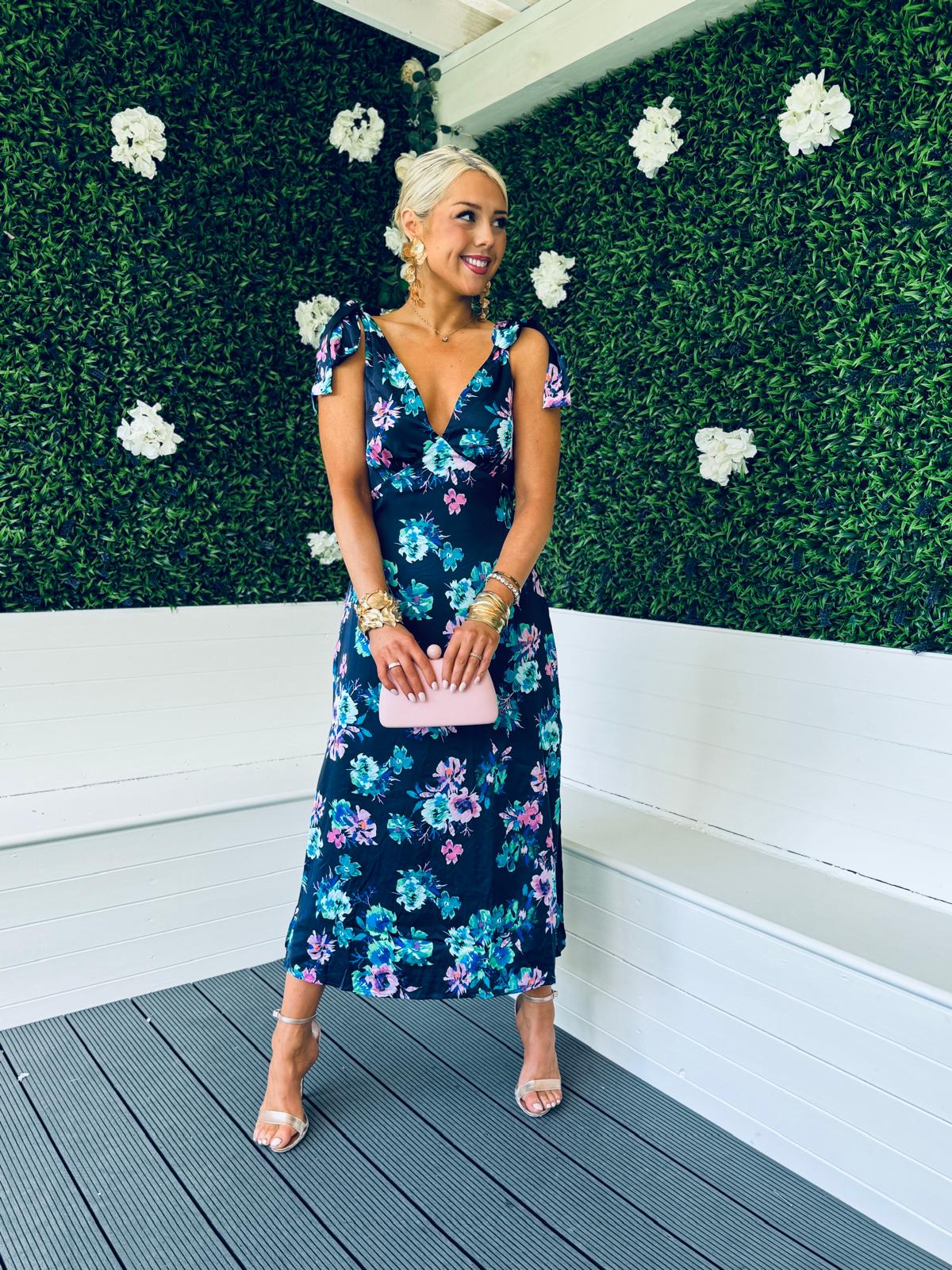 Beverly Tie Shoulder Midi Dress In Navy Floral