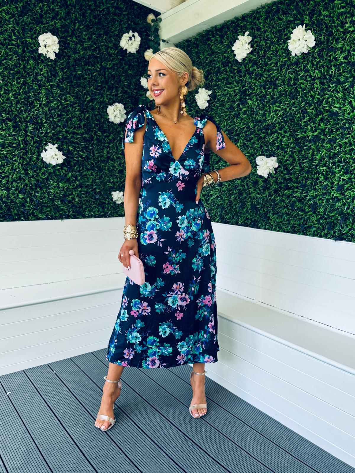 Beverly Tie Shoulder Midi Dress In Navy Floral