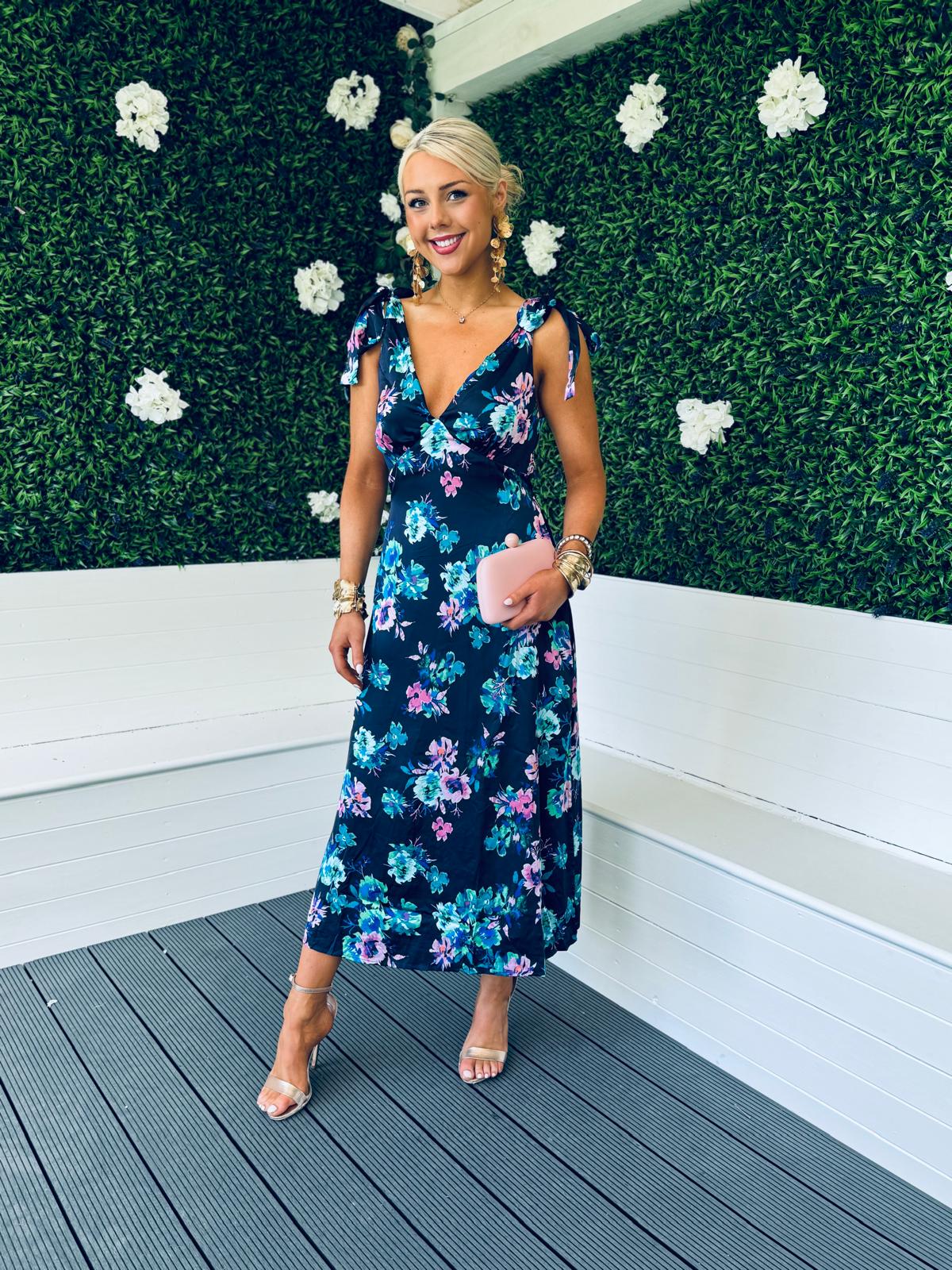 Beverly Tie Shoulder Midi Dress In Navy Floral