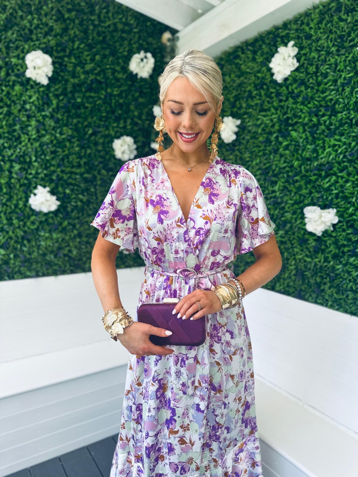 Arlene Angel Sleeve Midi Dress Floral Purple