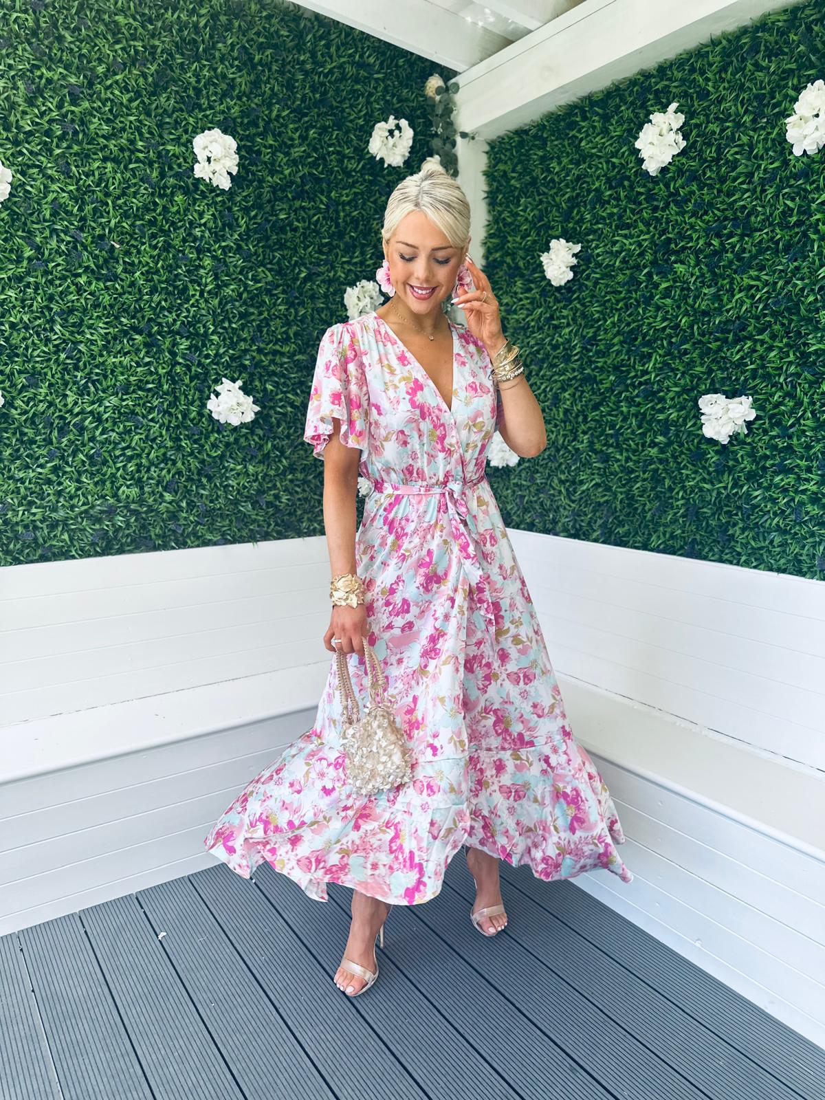 Arlene Angel Sleeve Midi Dress Floral Pink