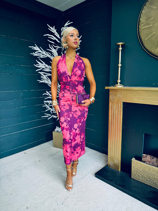 Darla Halterneck Ruched Dress Pink