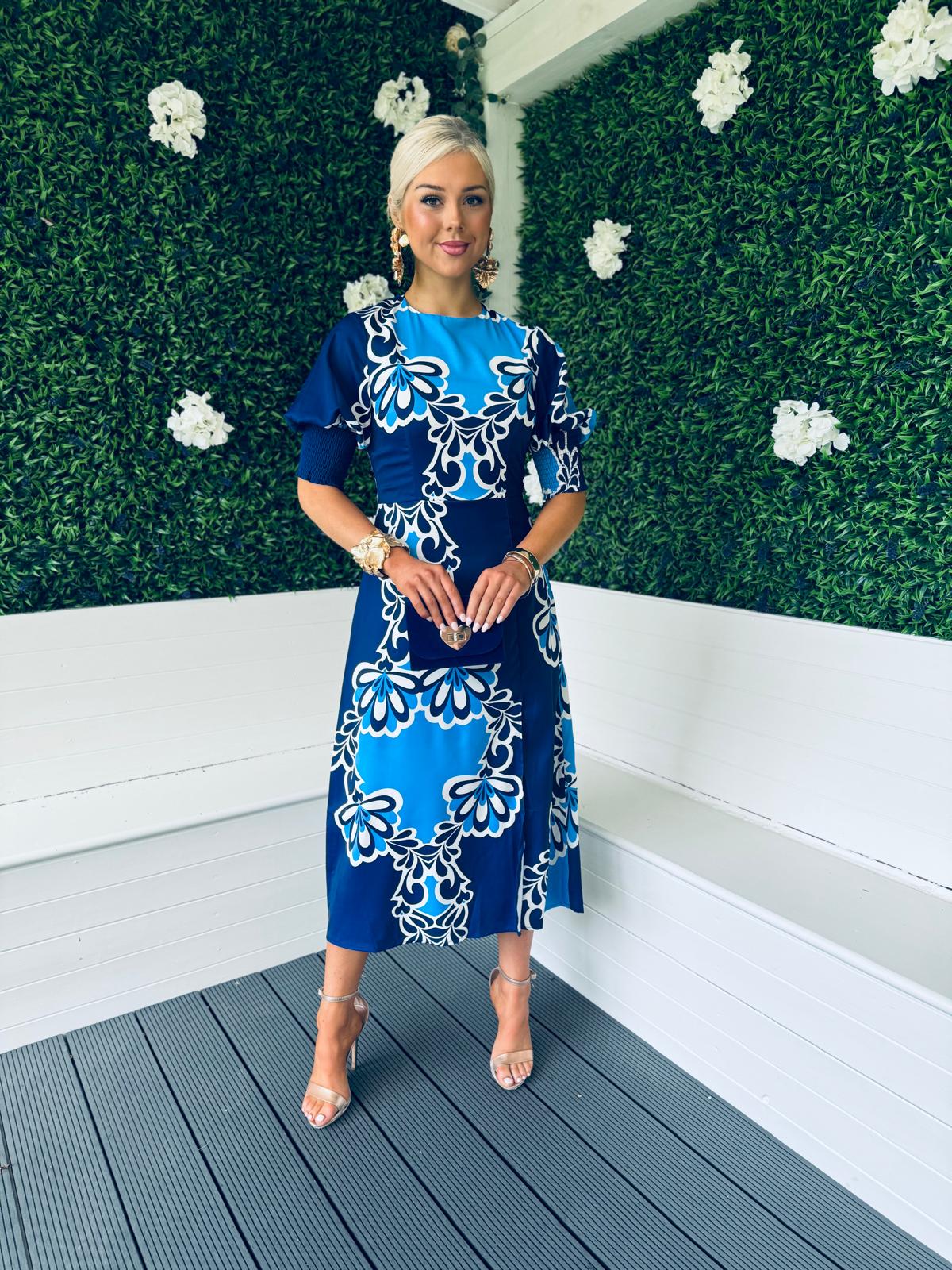 Shayla Printed Shirred Cuff Midi Dress Blue