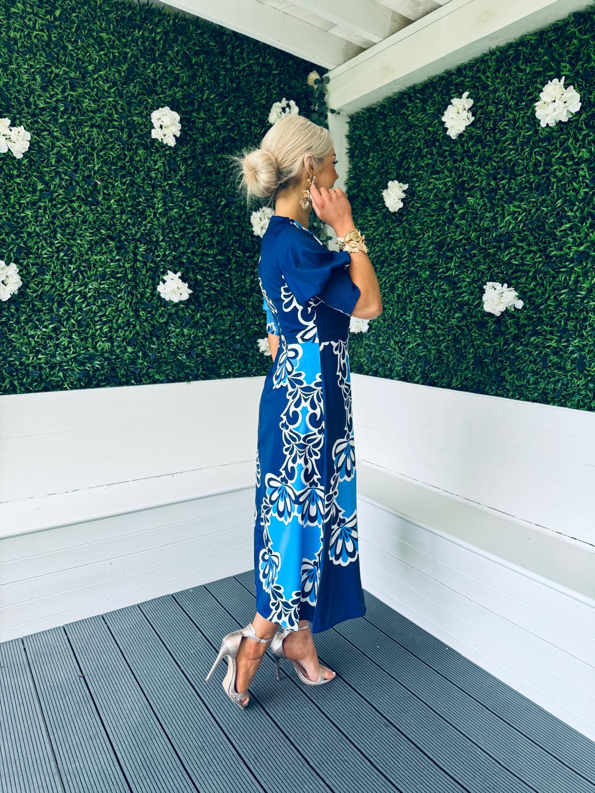 Shayla Printed Shirred Cuff Midi Dress Blue