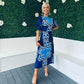 Shayla Printed Shirred Cuff Midi Dress Blue