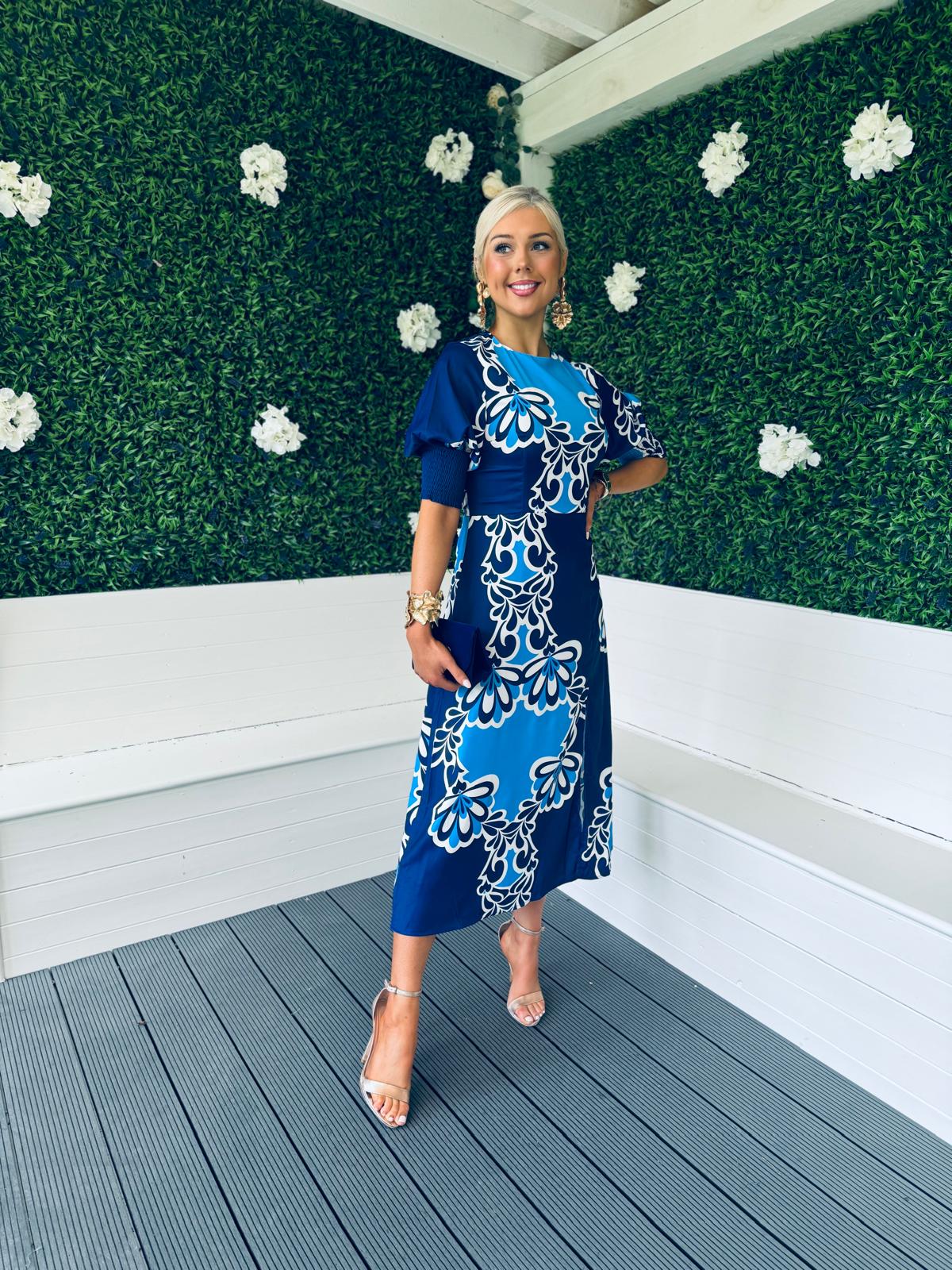 Shayla Printed Shirred Cuff Midi Dress Blue