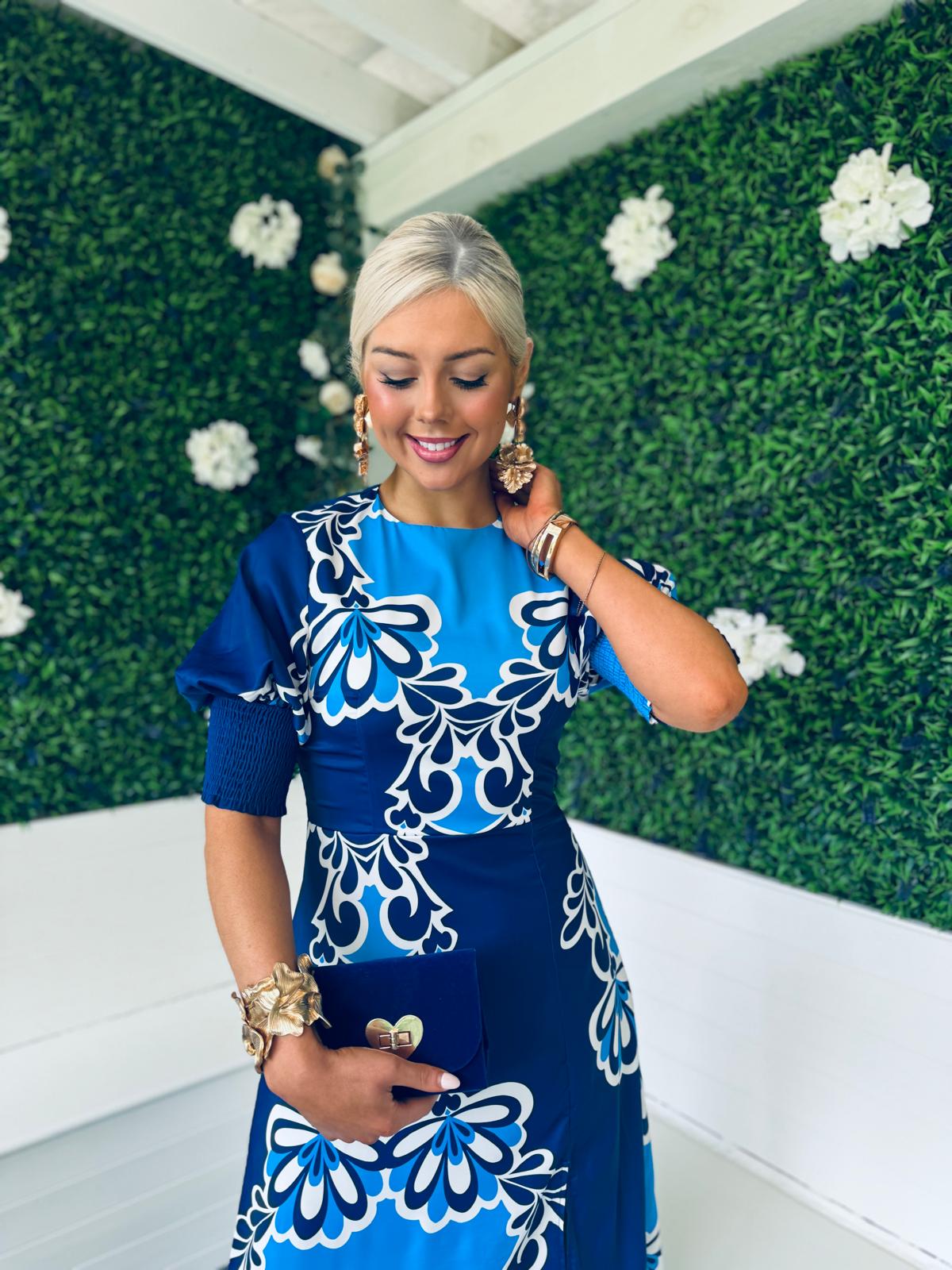 Shayla Printed Shirred Cuff Midi Dress Blue