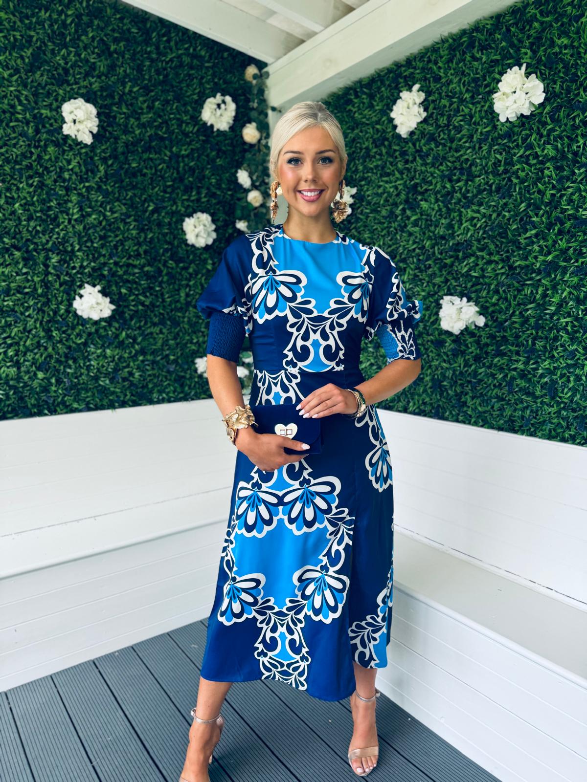 Shayla Printed Shirred Cuff Midi Dress Blue