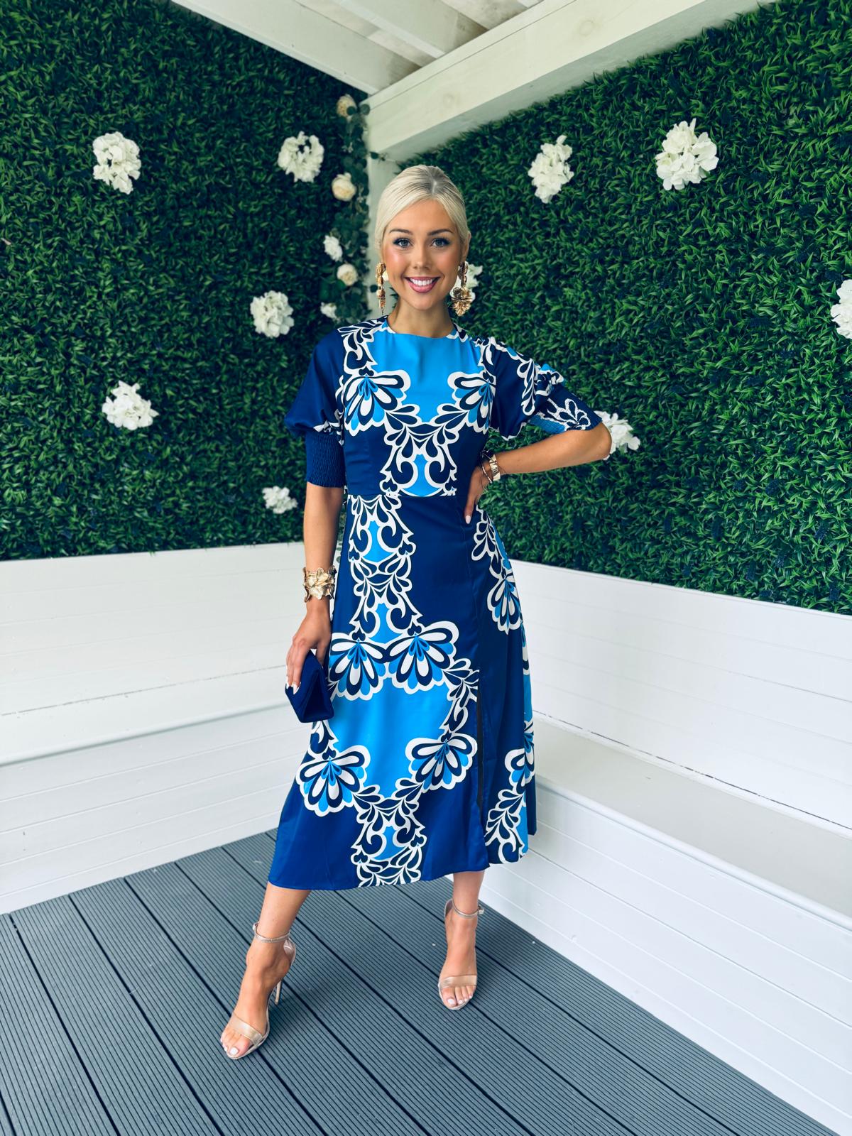 Shayla Printed Shirred Cuff Midi Dress Blue