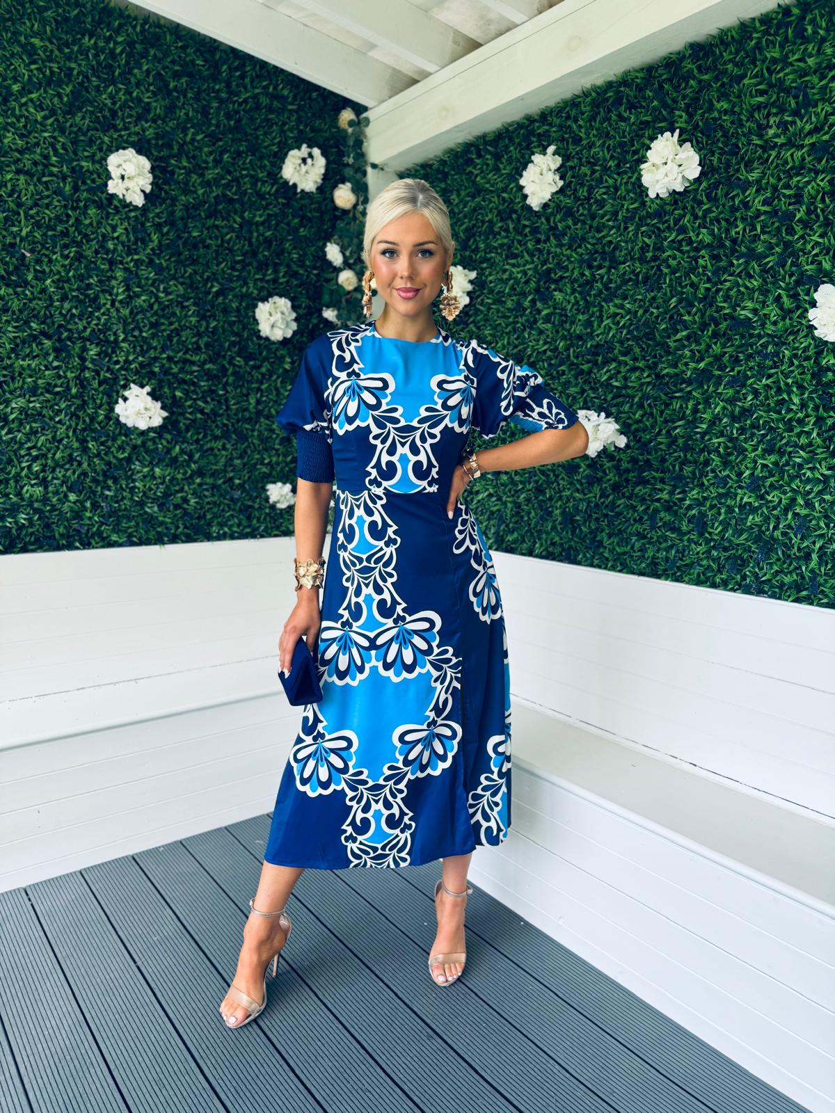 Shayla Printed Shirred Cuff Midi Dress Blue