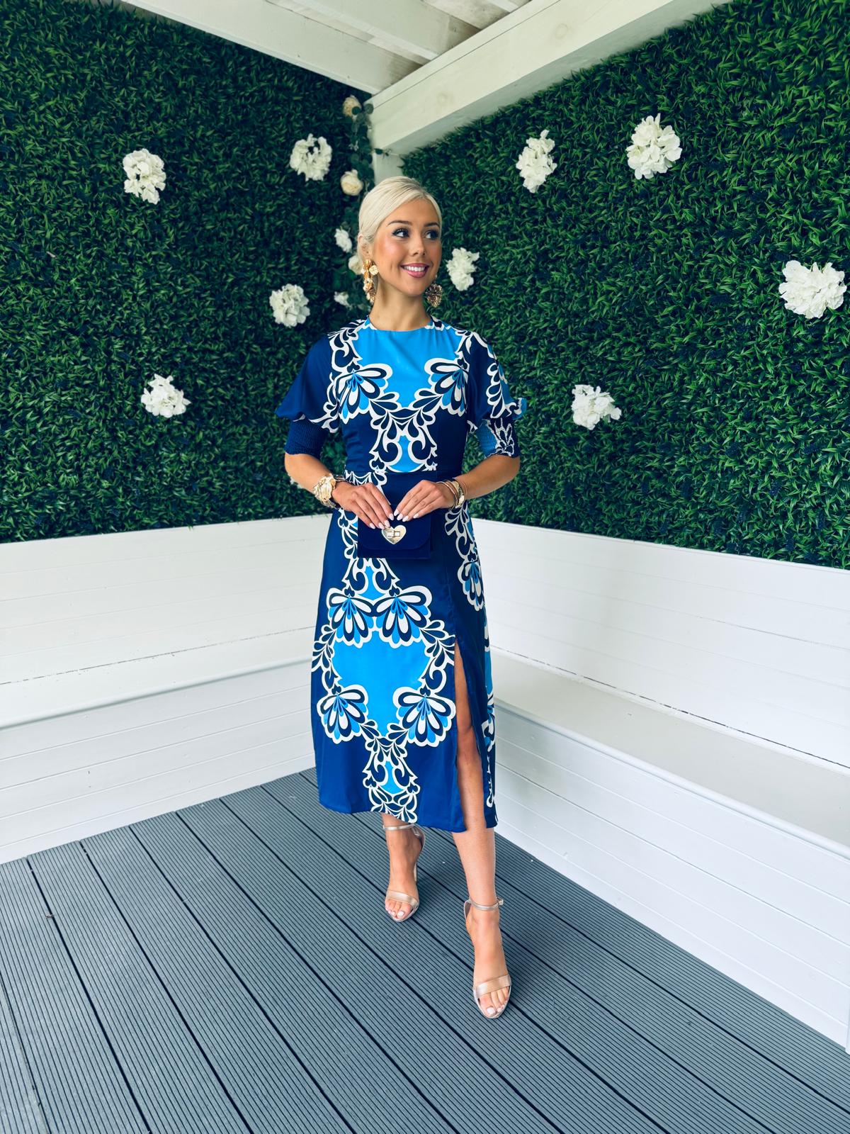 Shayla Printed Shirred Cuff Midi Dress Blue