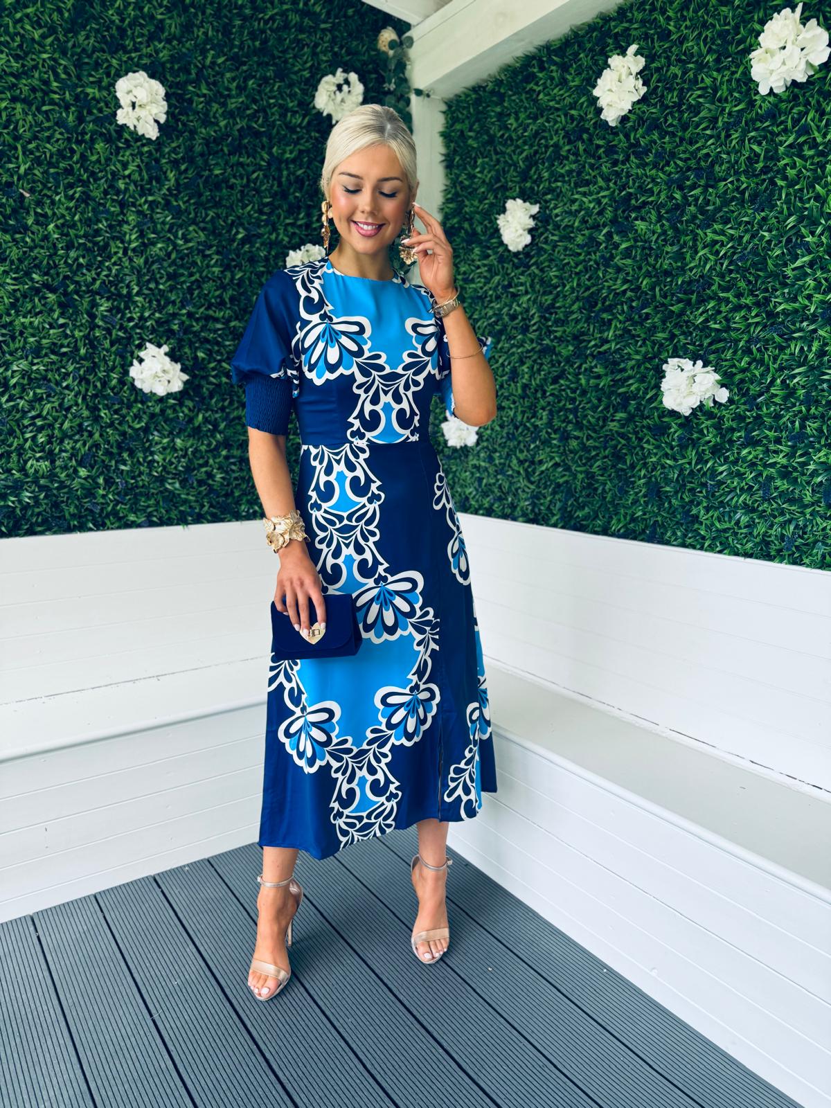 Shayla Printed Shirred Cuff Midi Dress Blue