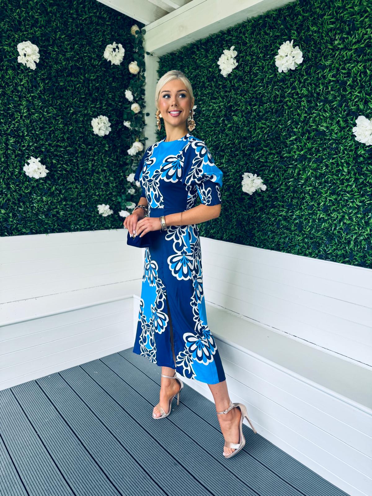 Shayla Printed Shirred Cuff Midi Dress Blue