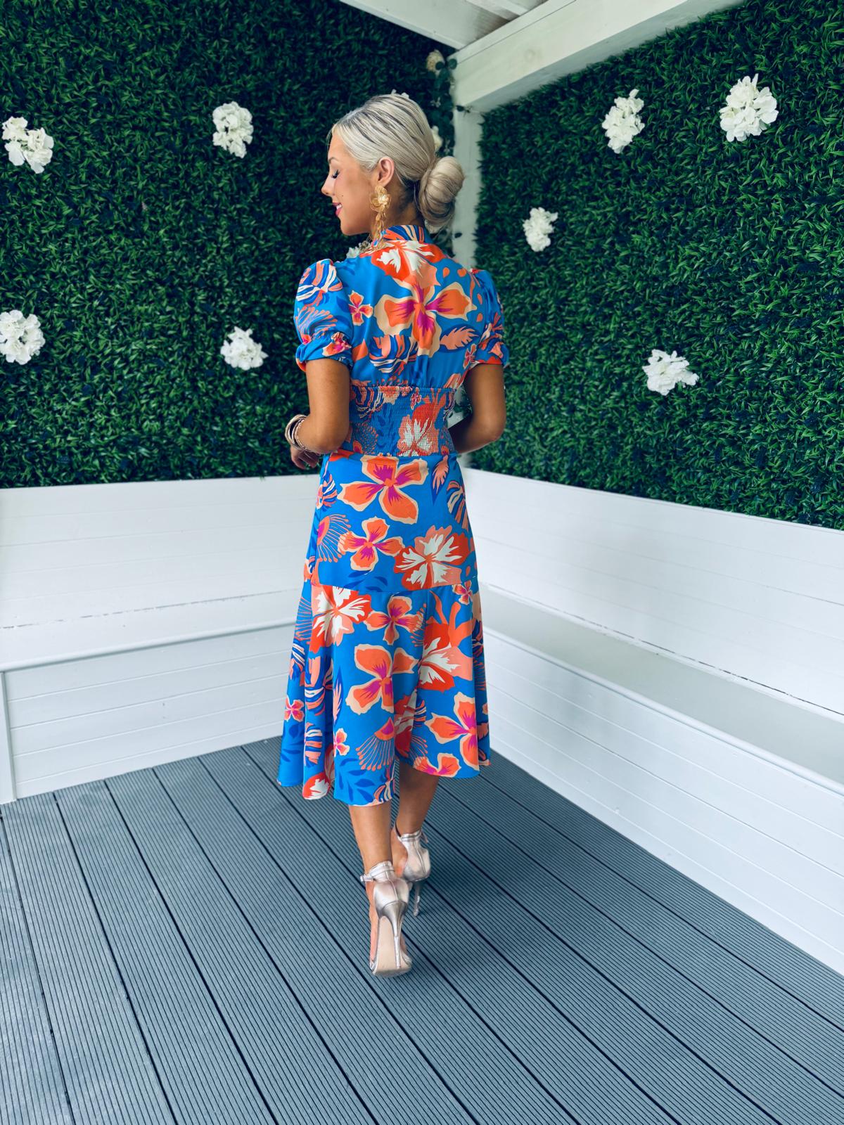 Florence V Neck Midi Dress Floral Blue