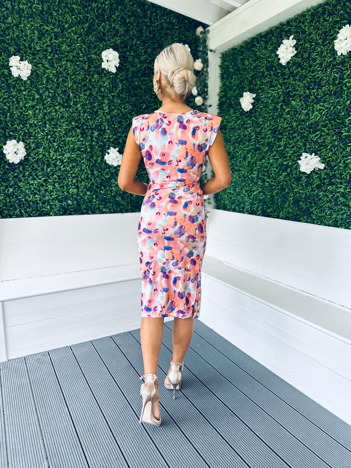 Judy Printed Ruched Dress Peach – Canella Lane