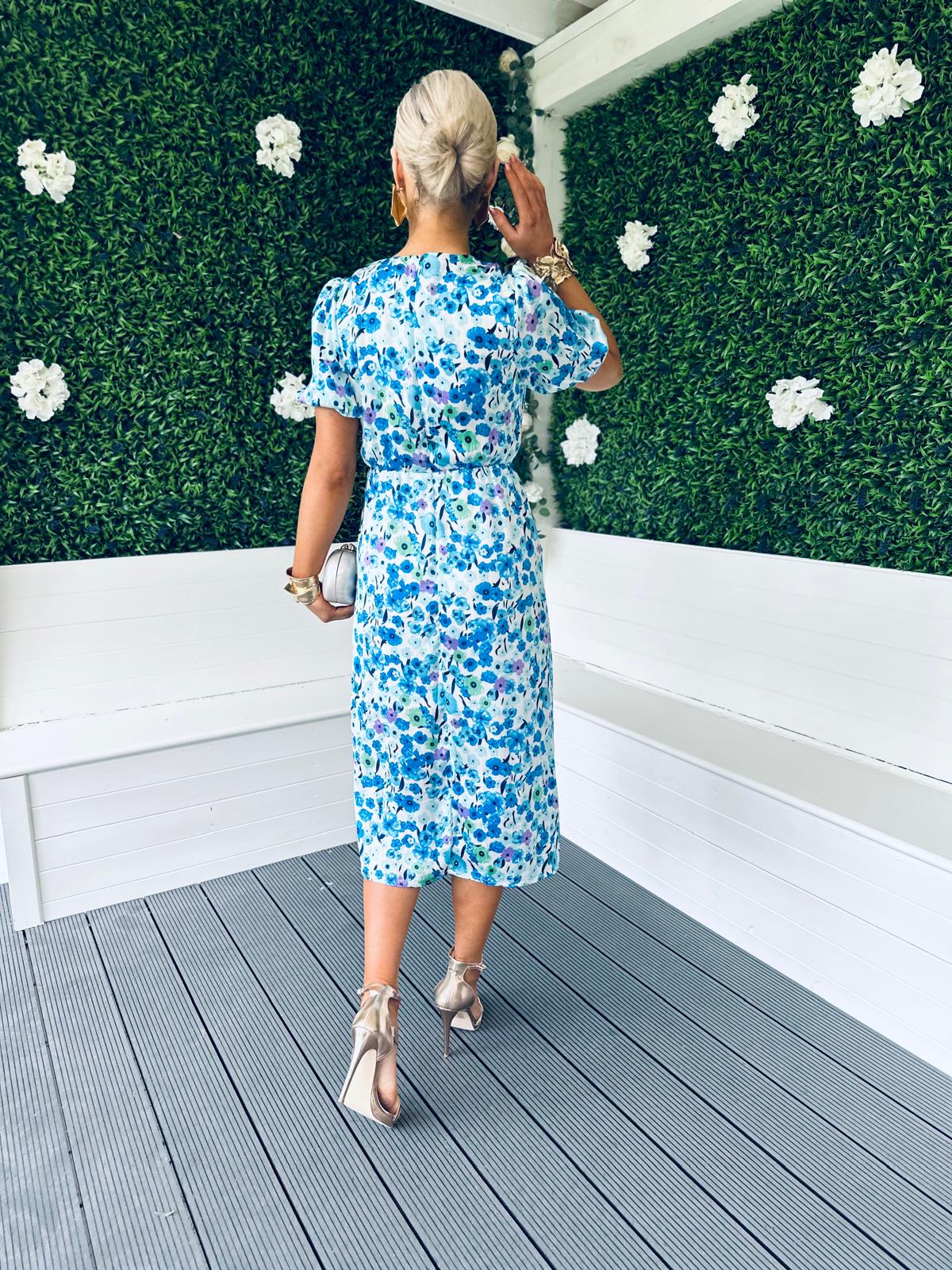 Mia Floral Puff Sleeve Midi Dress Blue