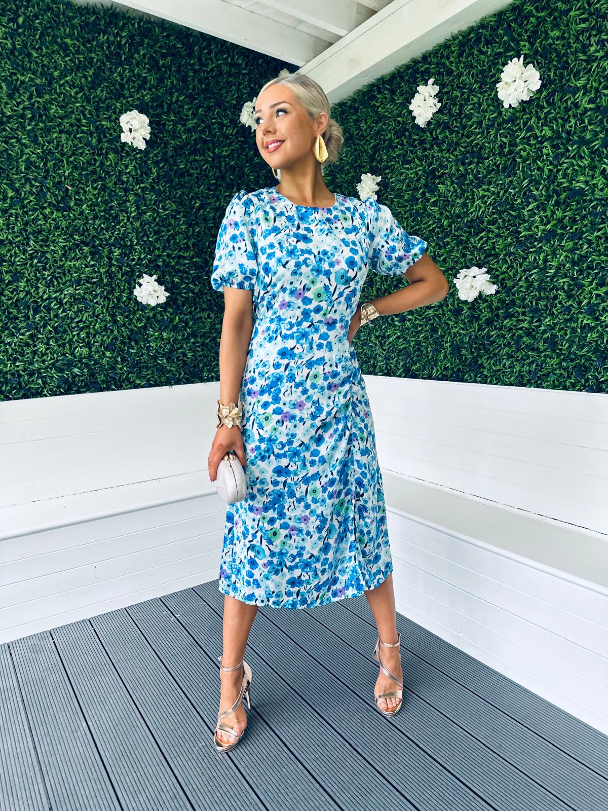 Mia Floral Puff Sleeve Midi Dress Blue