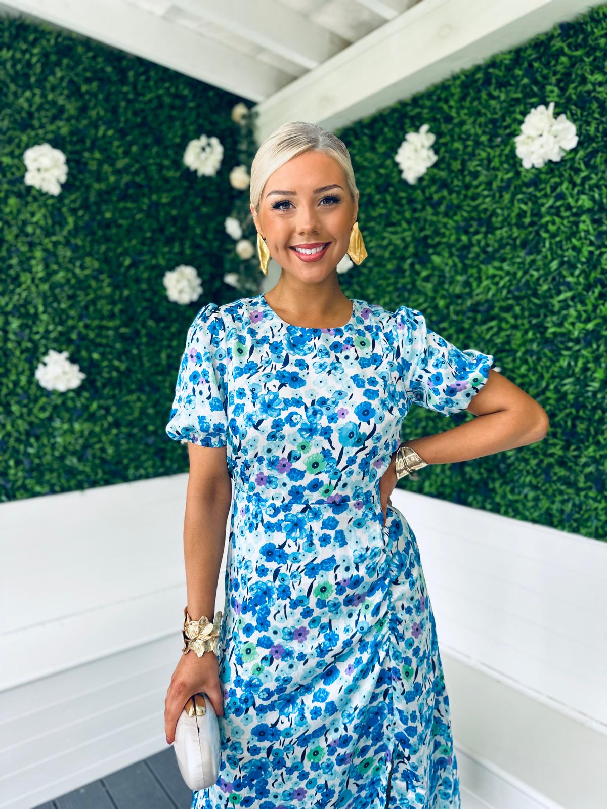 Mia Floral Puff Sleeve Midi Dress Blue