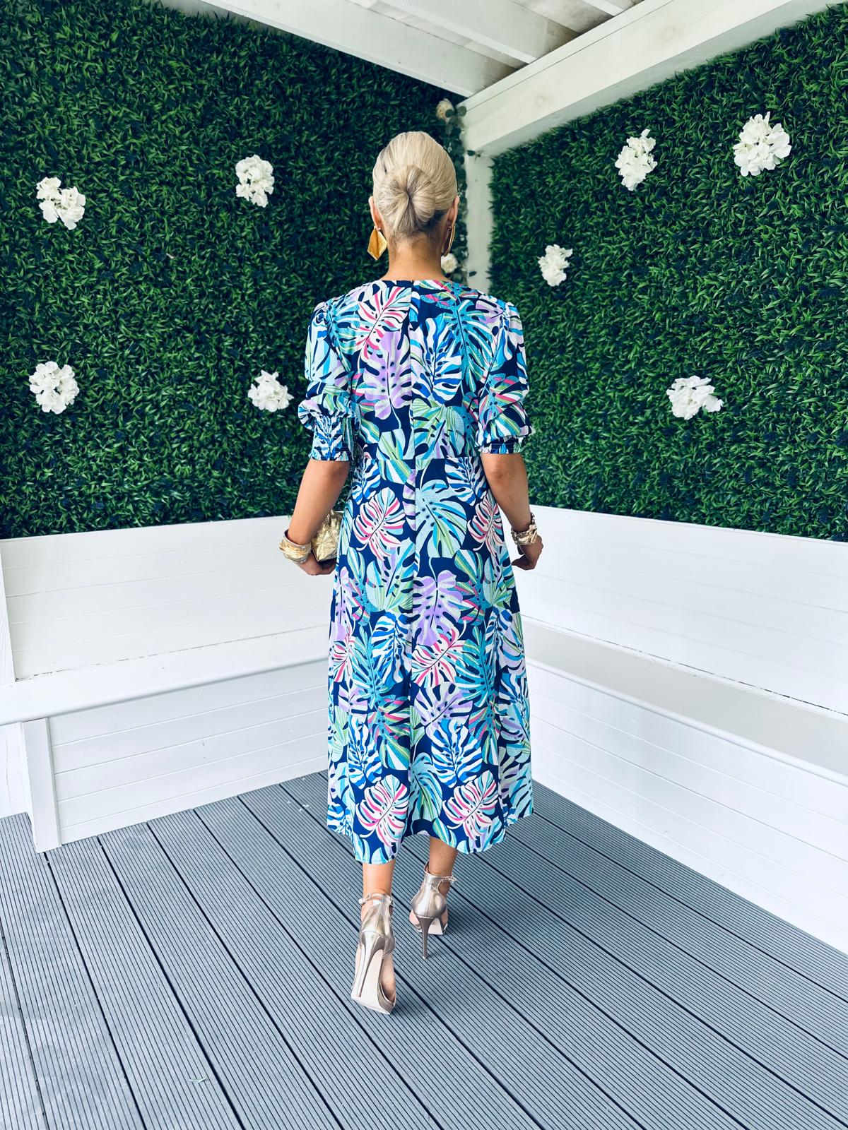 Myra Tropical Print Midi Dress Blue