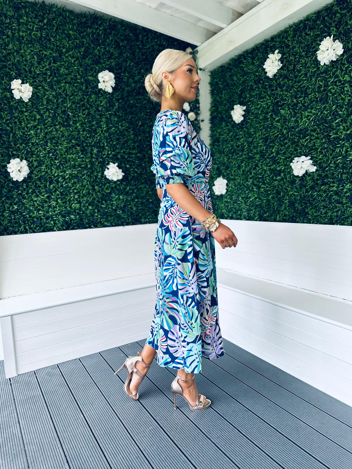 Myra Tropical Print Midi Dress Blue