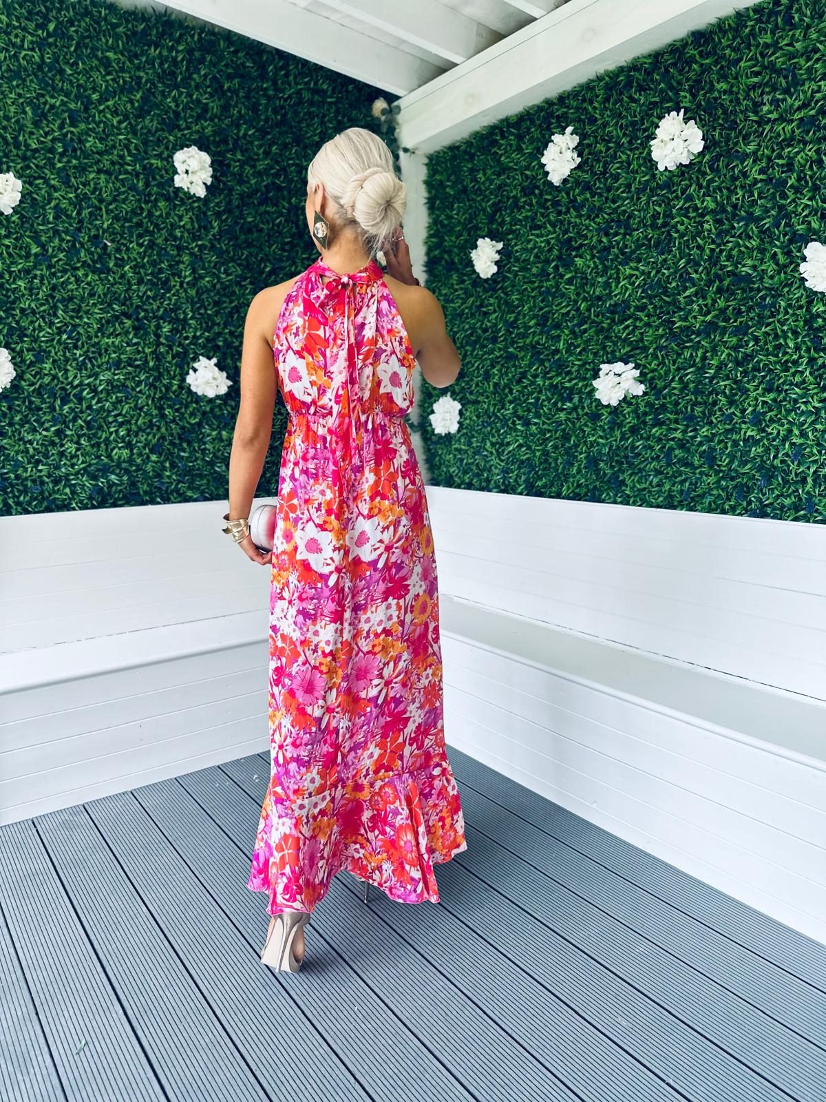 Paloma Pink Floral Tie Neck Maxi Dress