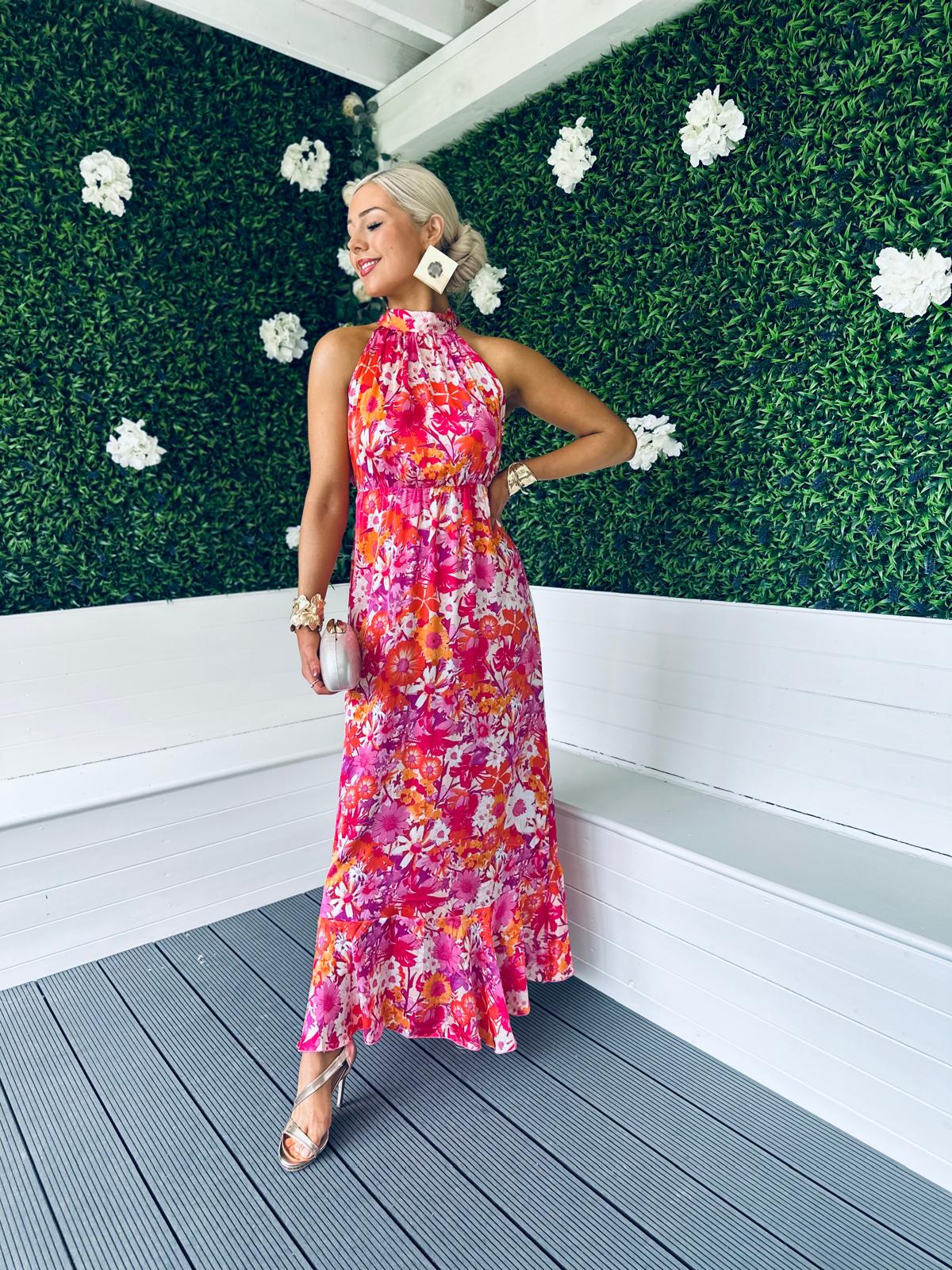 Paloma Pink Floral Tie Neck Maxi Dress